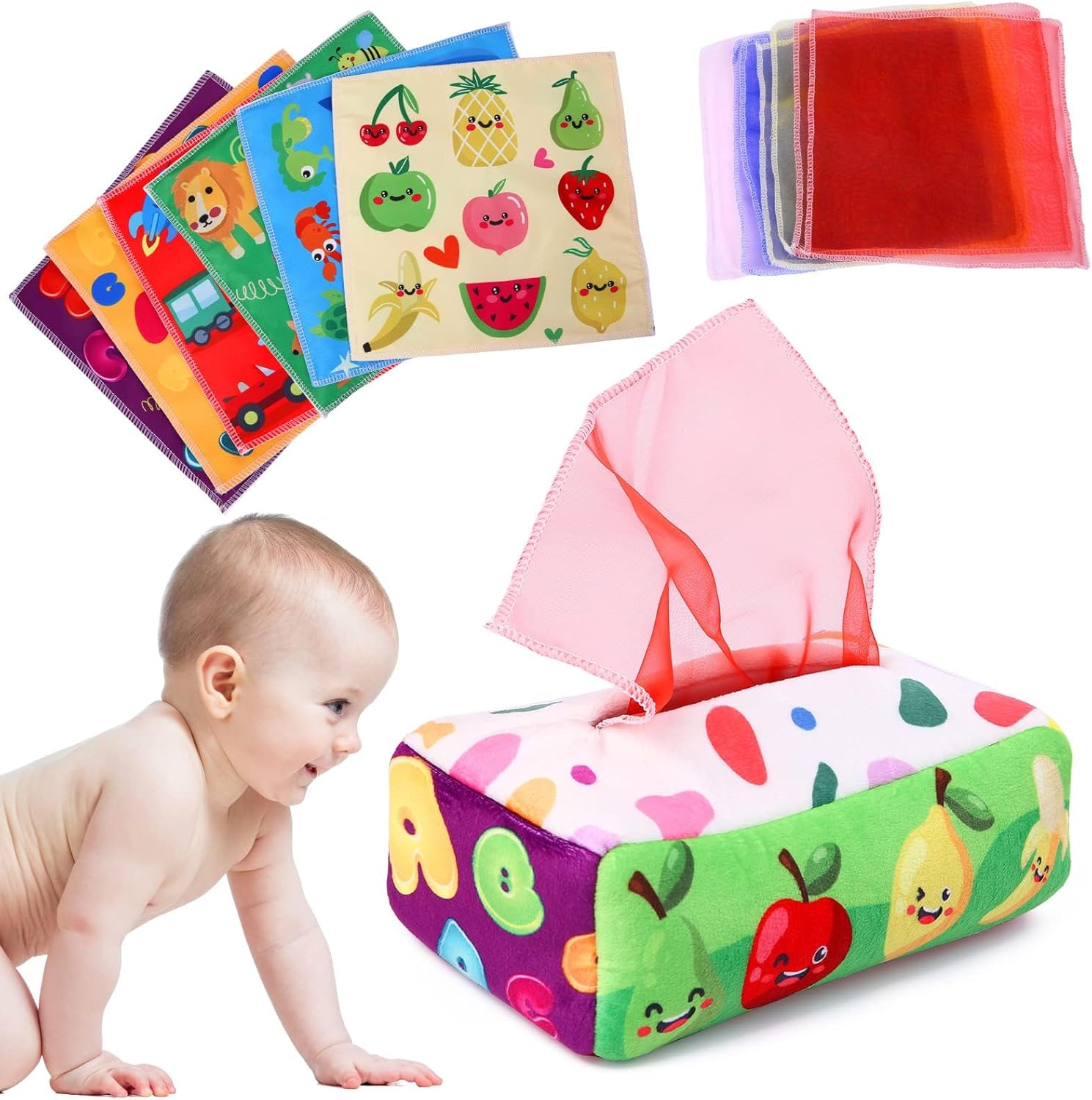 Montessori Tissue Box Speelgoed | Zacht Gevuld Hoog Contrast Krinkel Infant Sensorisch Baby Speelgoed 6 tot 12 Maanden Vroeg Leren Cadeaus