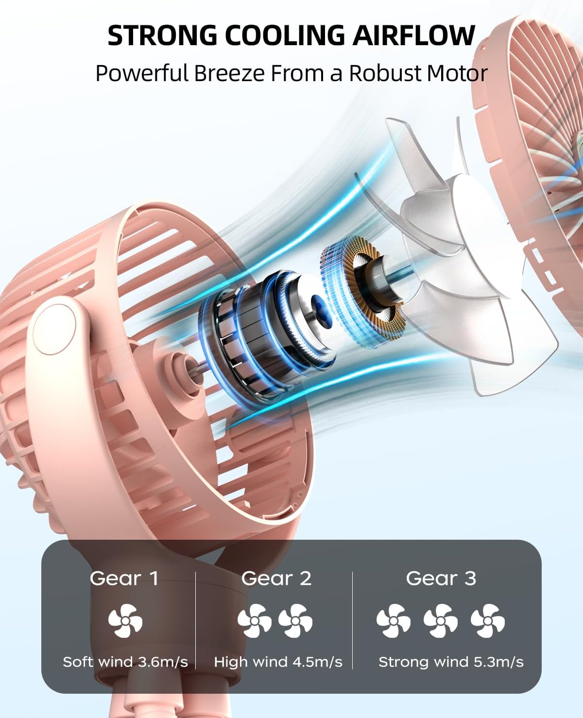 Draagbare kinderwagenventilator|Oplaadbare mini ventilator 360° rotatie 3 snelheden zwart