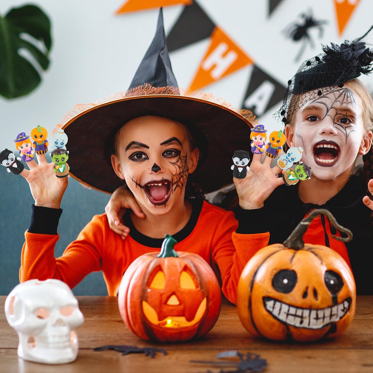 Halloween vingerpoppetjes 5 stuks | Pompoen & heks figuren