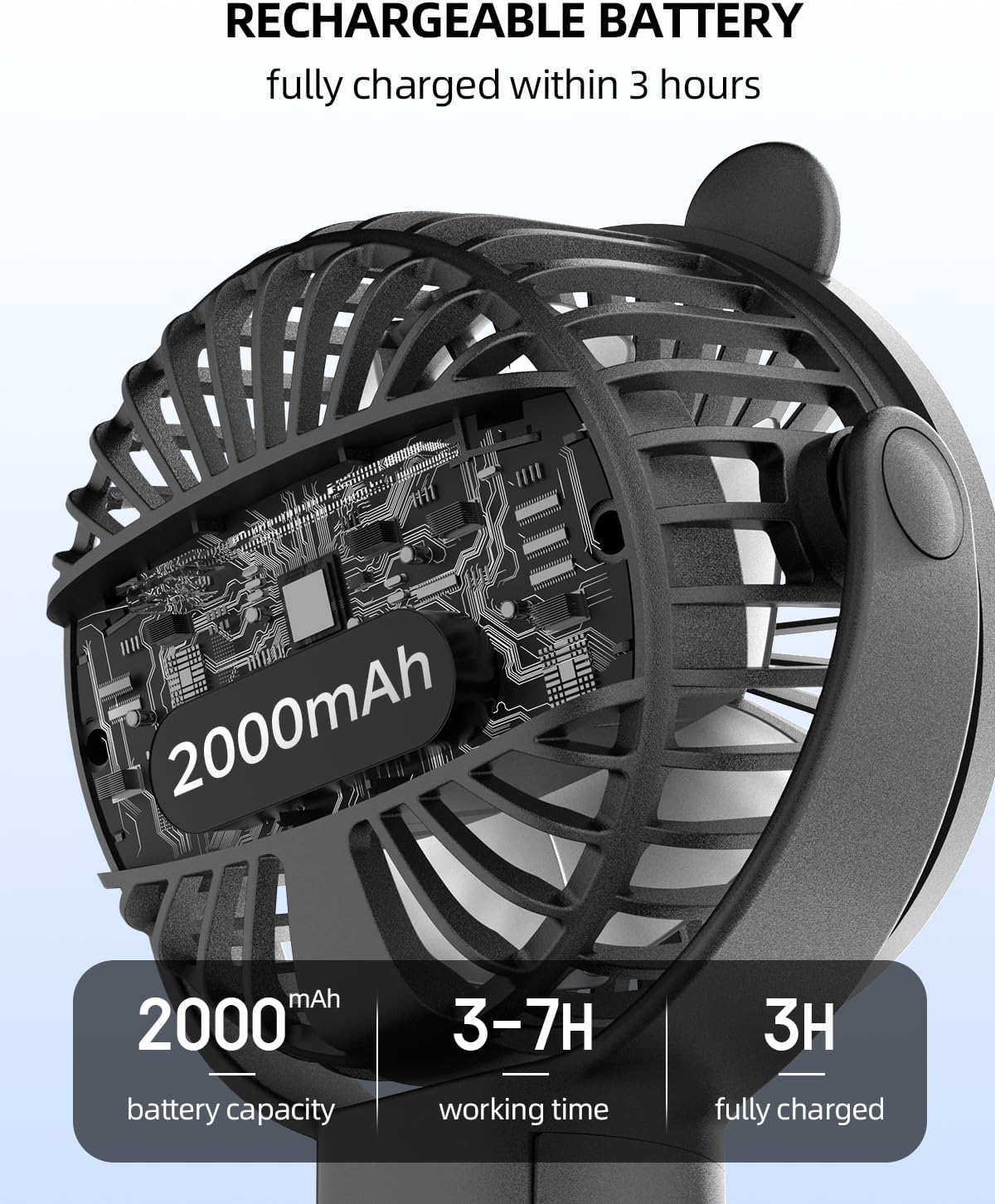 Draagbare kinderwagenventilator|Oplaadbare mini ventilator 360° rotatie 3 snelheden zwart