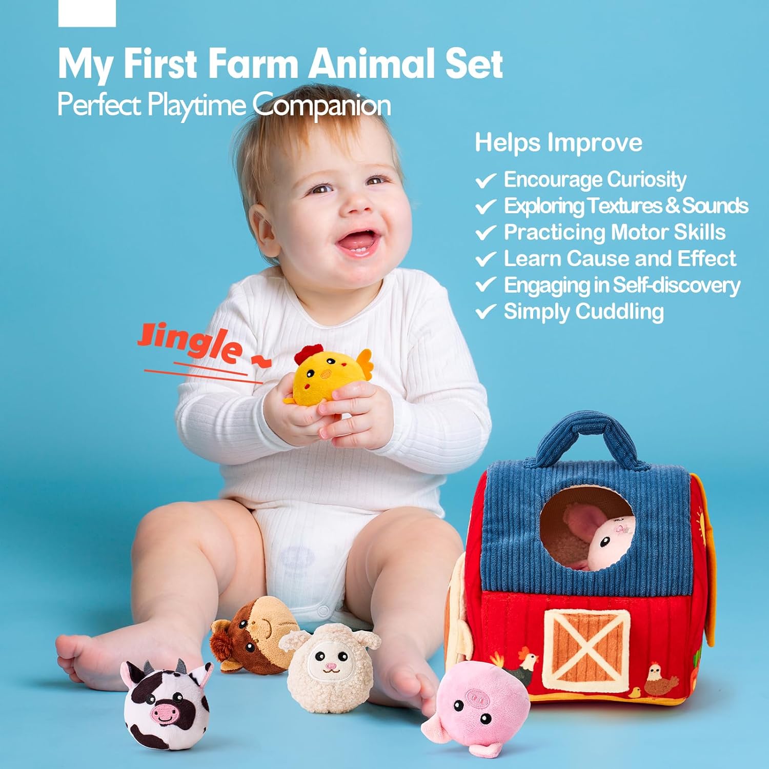 Baby Speelgoed voor 6-12 Maanden | Verrassingsschuur met Gevuld Boerderij Dieren & Zintuiglijk Speelgoed | Drukke Montessori Rammelaar & Spiegel | Perfect voor Peuters
