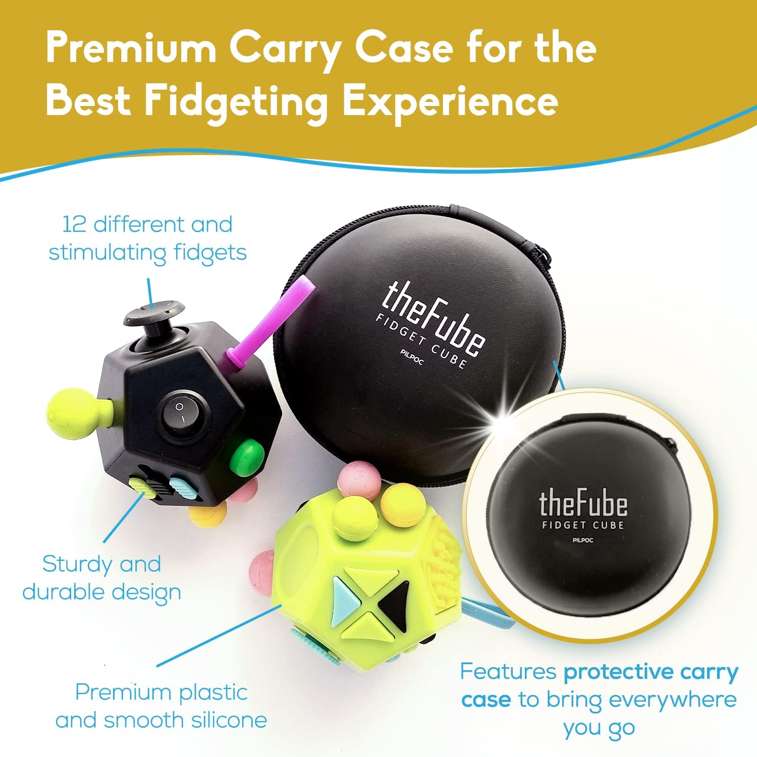 Fube Fidget Cube – 6-zijdige Anti-Stress Kubus met Etui, Kinderen & Volwassenen