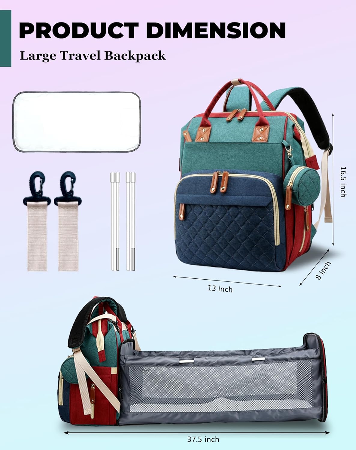 Luiertas met verschoonstation | 3-in-1 waterdichte rugzak met opvouwbaar kussen roze