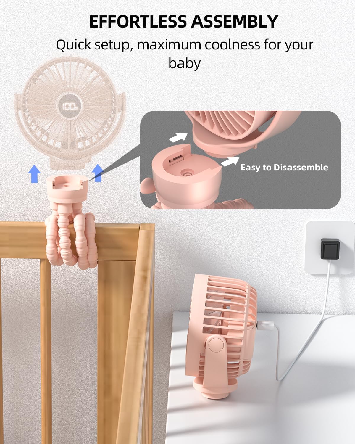 Draagbare kinderwagenventilator|Oplaadbare mini ventilator 360° rotatie 3 snelheden zwart