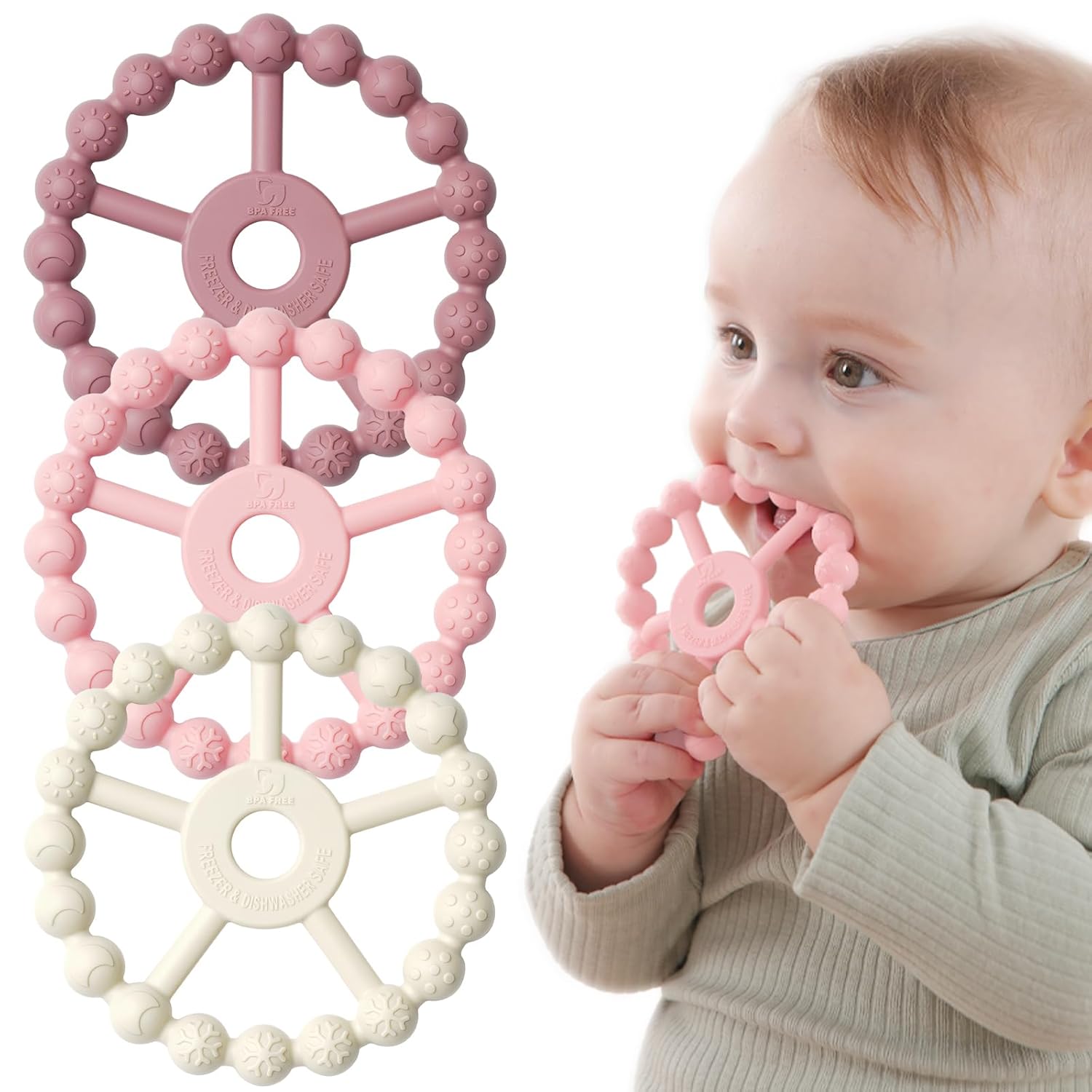 3 Stuks Siliconen Bijtringen voor Baby's van 0-24 Maanden - Zacht Bijtspeelgoed met 5 Texturen voor Jongens en Meisjes - Pijnverlichting bij Doorkomende Tandjes