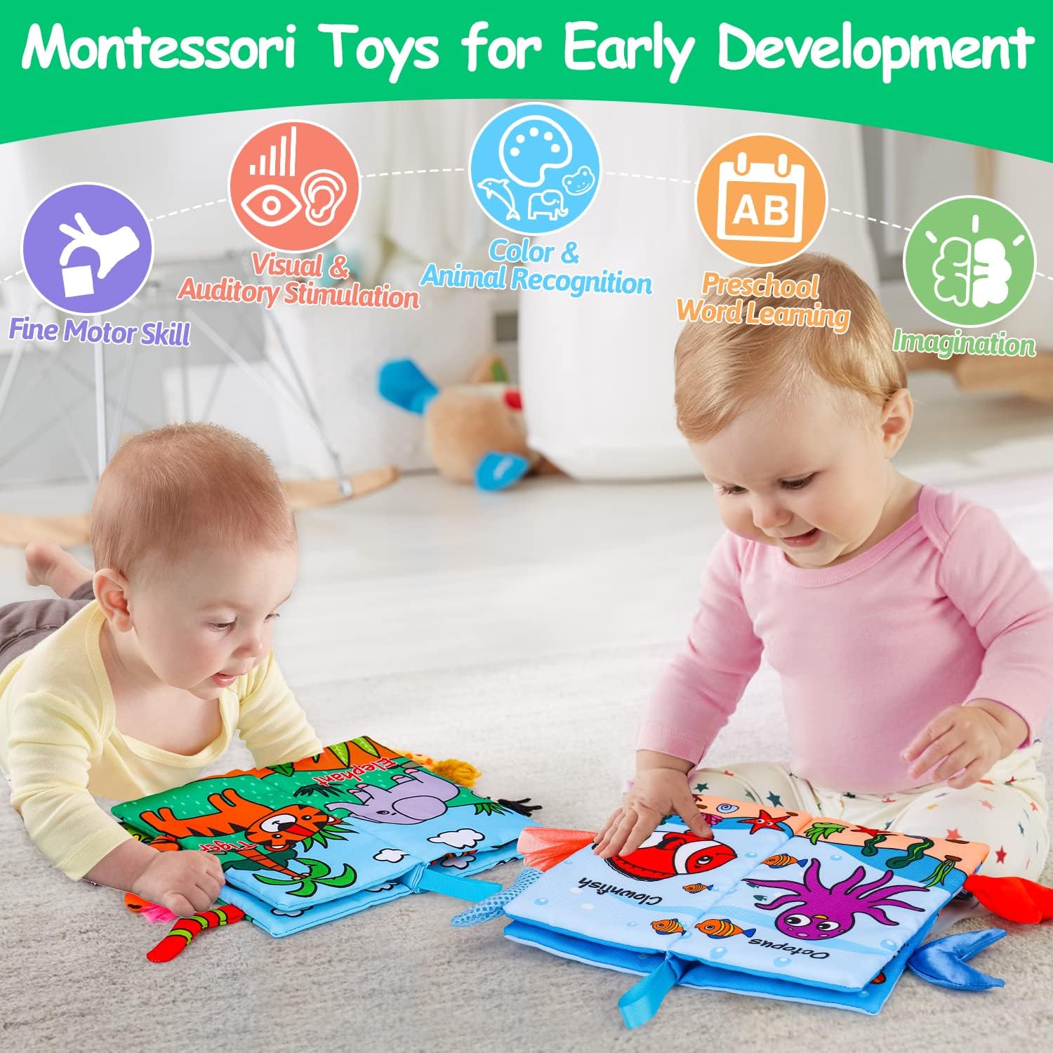 2 Stuks Zachte Stoffen Babyboeken | Hoog contrast zintuiglijk speelgoed voor baby's, knisperend voel- en bijtspeelgoed van 6 tot 12 maanden