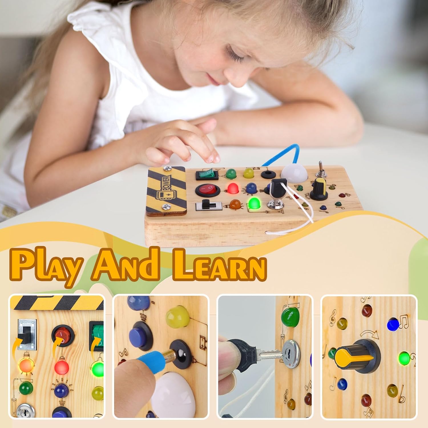 Houten Montessori Busy Board voor Peuters vanaf 1 Jaar - Educatief Activiteitenbord met LED Lichtjes en Schakelaars voor Baby, Jongens en Meisjes - Sensorisch Reisspeelgoed voor Kinderen