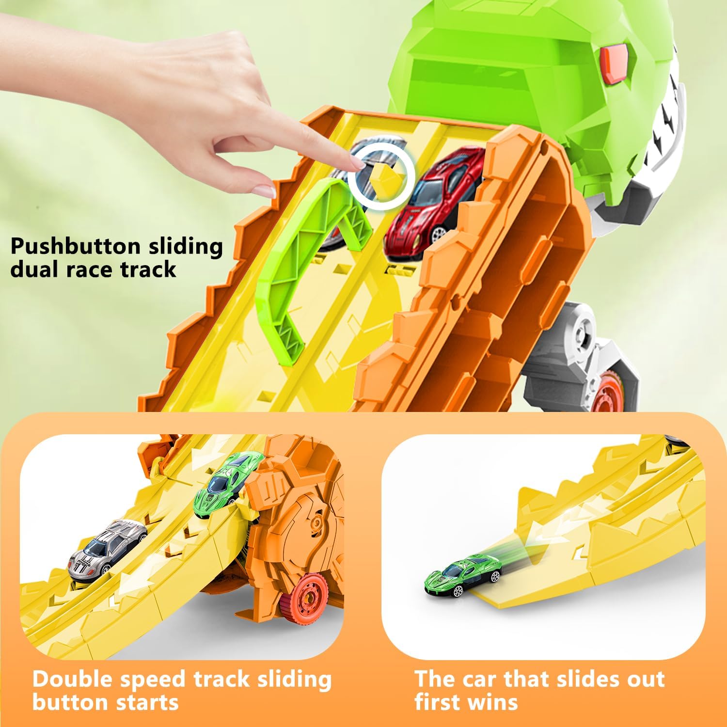 Super Transporteur Dino Stad met Racebaan | Transformeerbare Vrachtwagen met Dino Racebaan voor Kinderen van 3 tot 6 Jaar