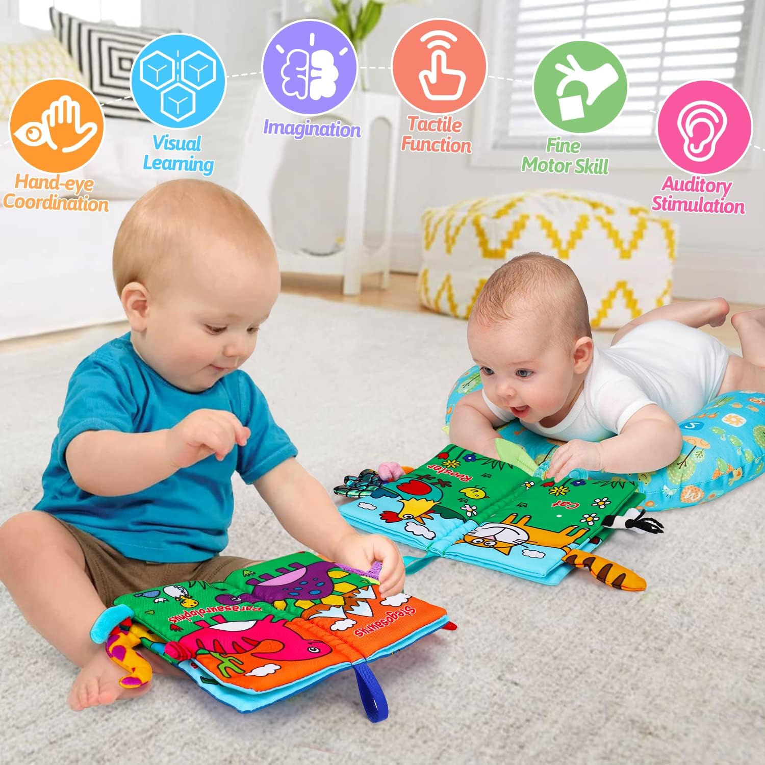 2 Stuks Zachte Stoffen Babyboeken | Hoog contrast zintuiglijk speelgoed voor baby's, knisperend voel- en bijtspeelgoed van 6 tot 12 maanden