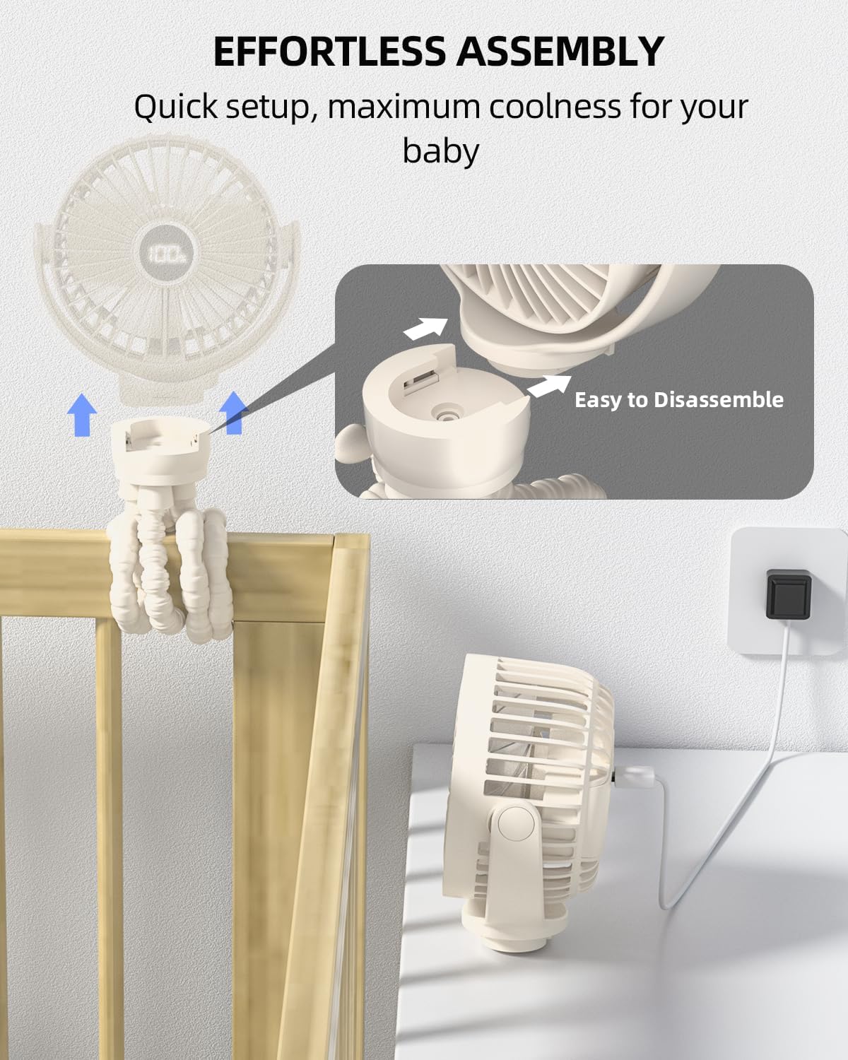 Mini kinderwagenventilator | draagbare oplaadbare reisventilator met 360° rotatie & 3 snelheden