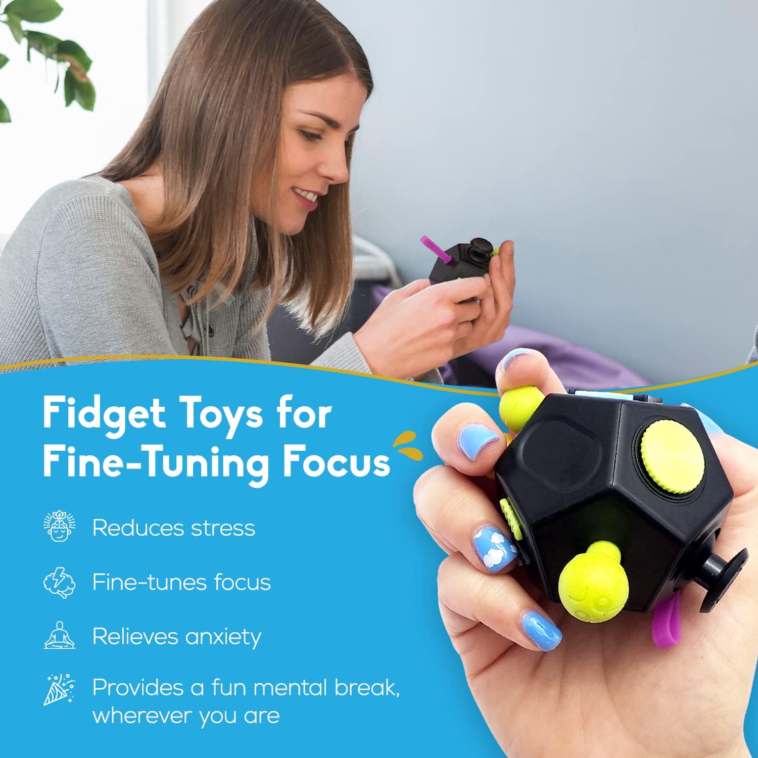 Fube Fidget Cube – 6-zijdige Anti-Stress Kubus met Etui, Kinderen & Volwassenen