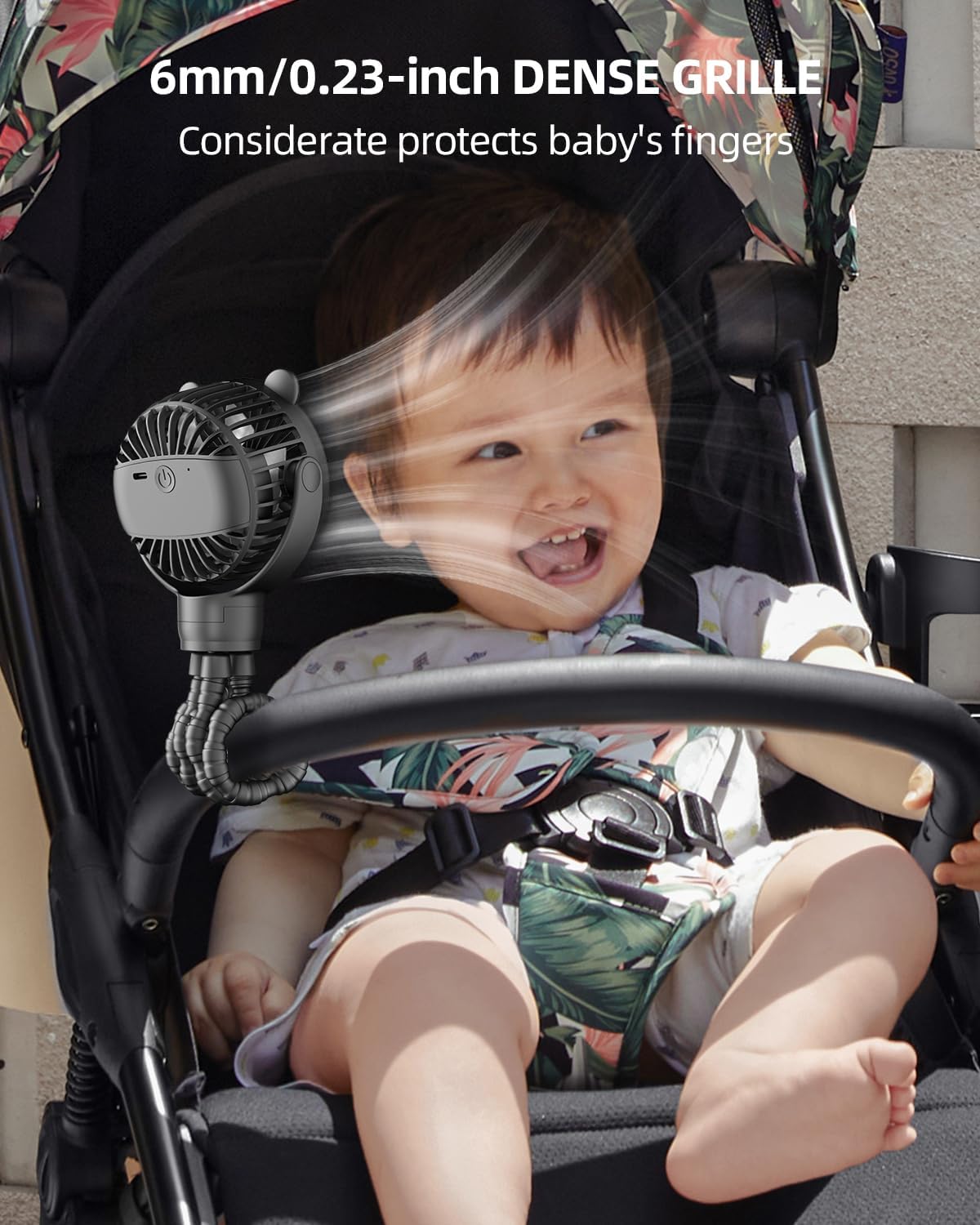Draagbare kinderwagenventilator|Oplaadbare mini ventilator 360° rotatie 3 snelheden zwart