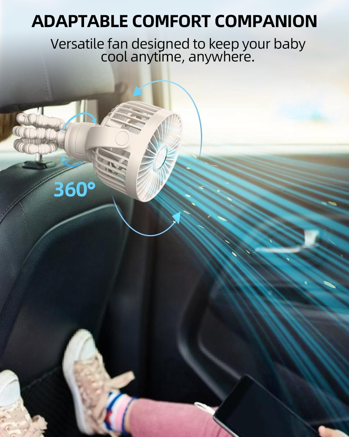 Mini kinderwagenventilator | draagbare oplaadbare reisventilator met 360° rotatie & 3 snelheden