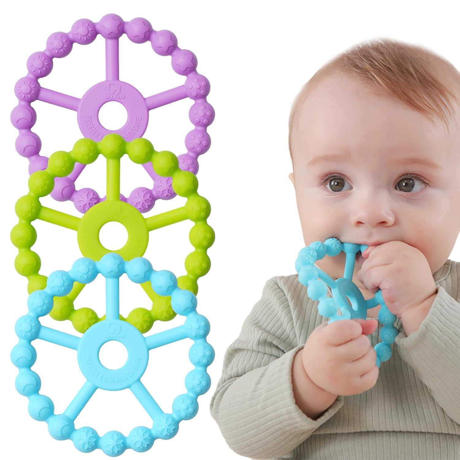 3 Stuks Siliconen Bijtringen voor Baby's van 0-24 Maanden - Zacht Bijtspeelgoed met 5 Texturen voor Jongens en Meisjes - Pijnverlichting bij Doorkomende Tandjes