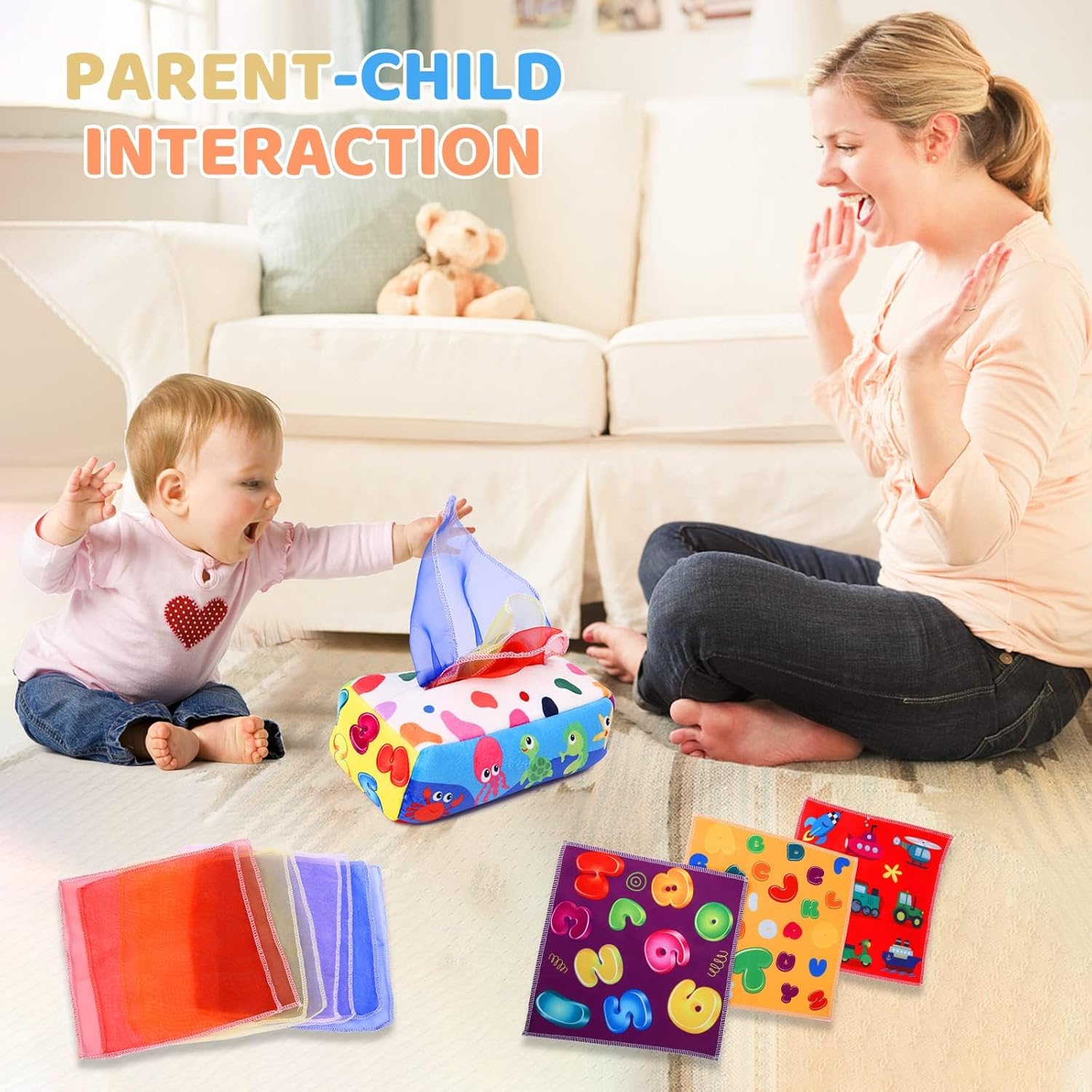 Montessori Tissue Box Speelgoed | Zacht Gevuld Hoog Contrast Krinkel Infant Sensorisch Baby Speelgoed 6 tot 12 Maanden Vroeg Leren Cadeaus
