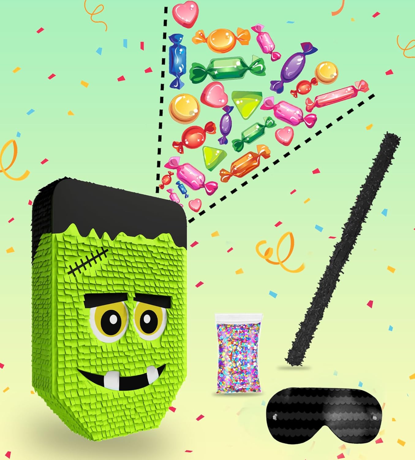 Frankenstein Piñata Set voor Halloween Feestjes - Complete 3-delige Bundel met Stok en Blinddoek voor Kinderen en Volwassenen - Griezelige Decoratie en Spel