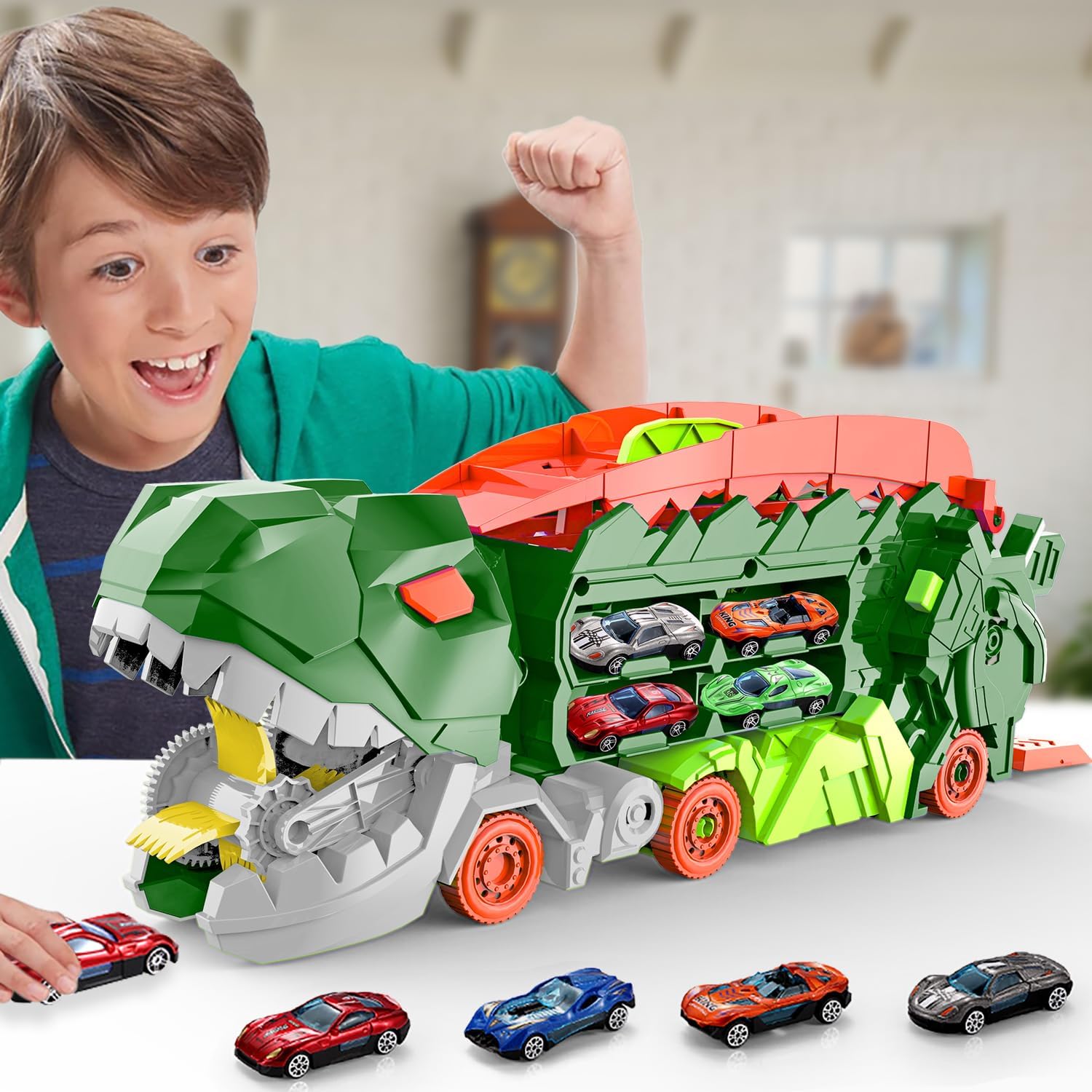 Super Transporteur Dino Stad met Racebaan | Transformeerbare Vrachtwagen met Dino Racebaan voor Kinderen van 3 tot 6 Jaar