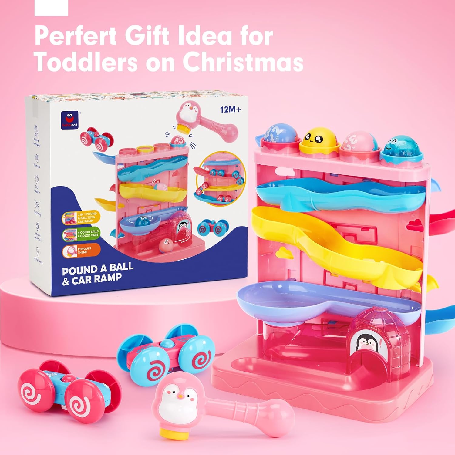 2-in-1 Hamerbal & Auto-Ramp Speelgoed | Montessori Leer Cadeau voor 1-3 Jaar | STEM Ontwikkelingsspeelset