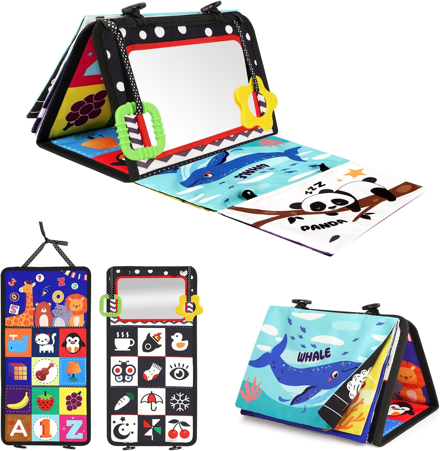 Sensorische Buiktrainer met Hoog Contrast voor Baby's 0-12 Maanden - Opvouwbaar Speelboek met Spiegel en Knispergeluid voor Jongens en Meisjes