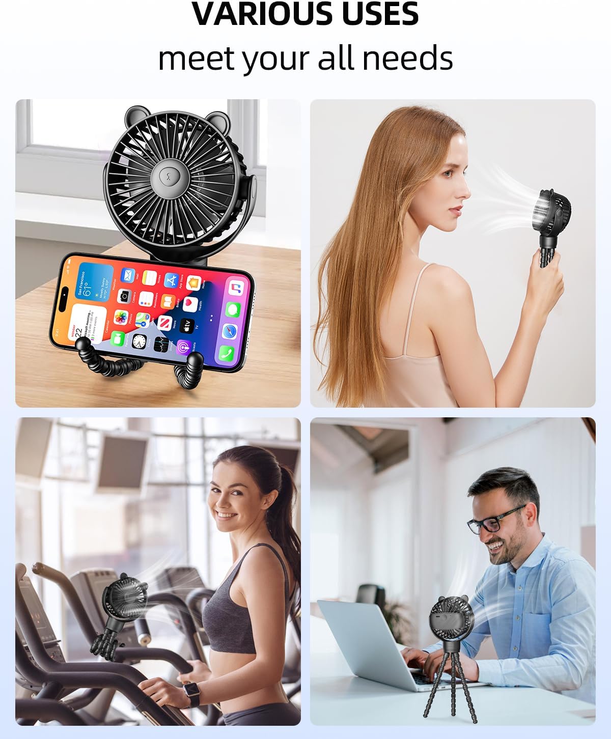 Draagbare kinderwagenventilator|Oplaadbare mini ventilator 360° rotatie 3 snelheden zwart