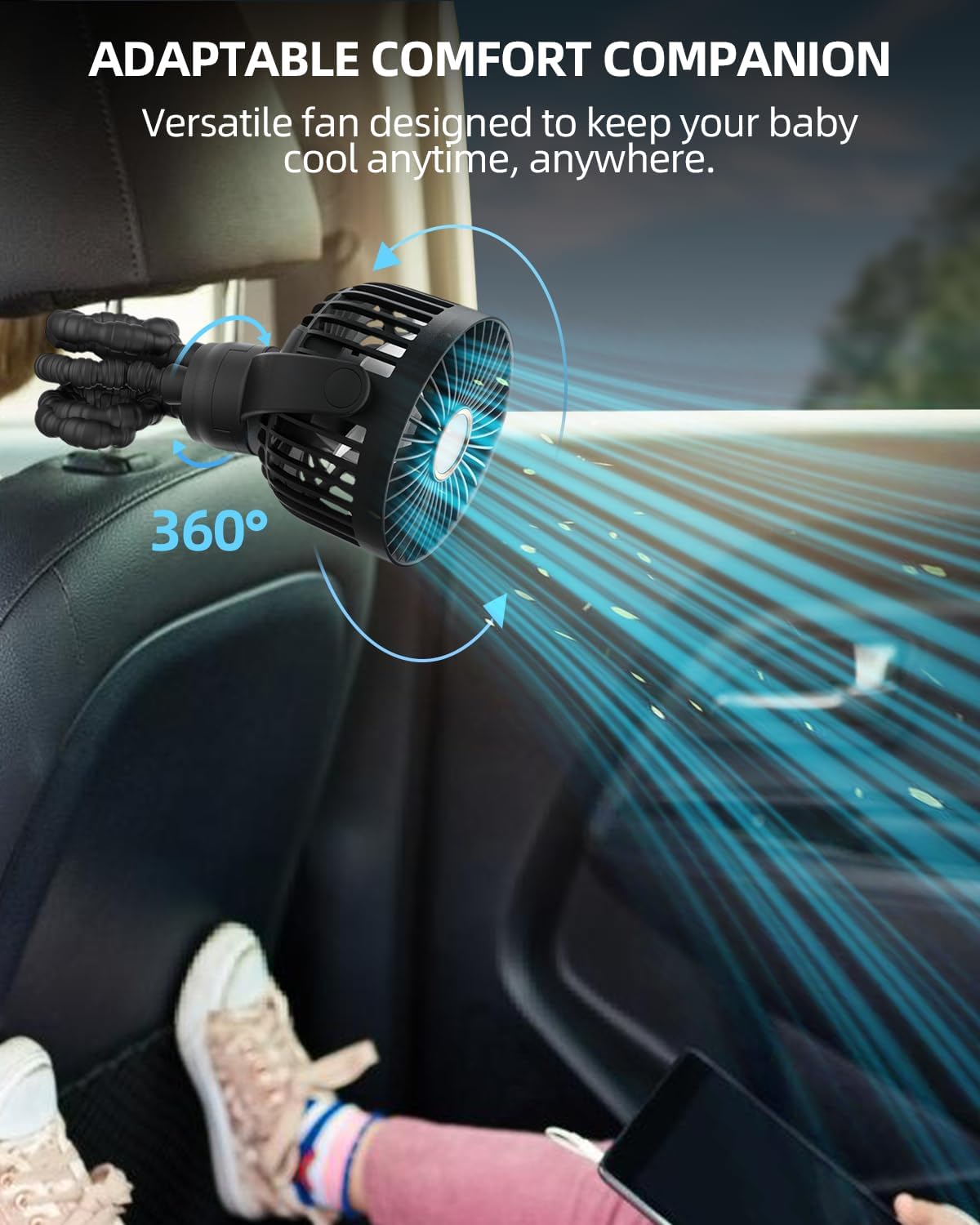 Mini kinderwagenventilator | draagbare oplaadbare reisventilator met 360° rotatie & 3 snelheden