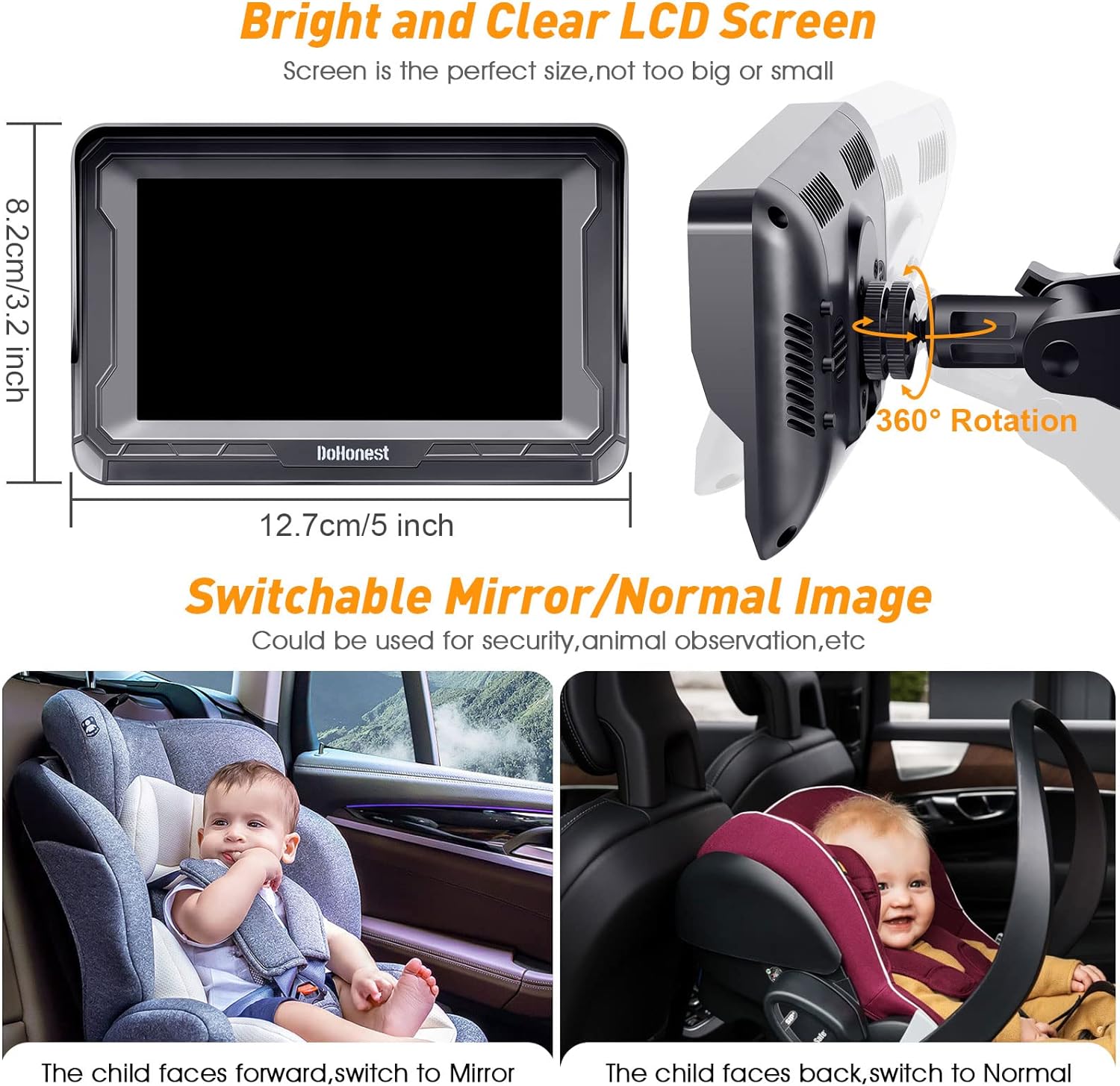 Baby Autocamera voor Achterbank | HD 1080P, 360° Rotatie, Nachtkijkfunctie | Veiligheidsmonitor voor Baby's