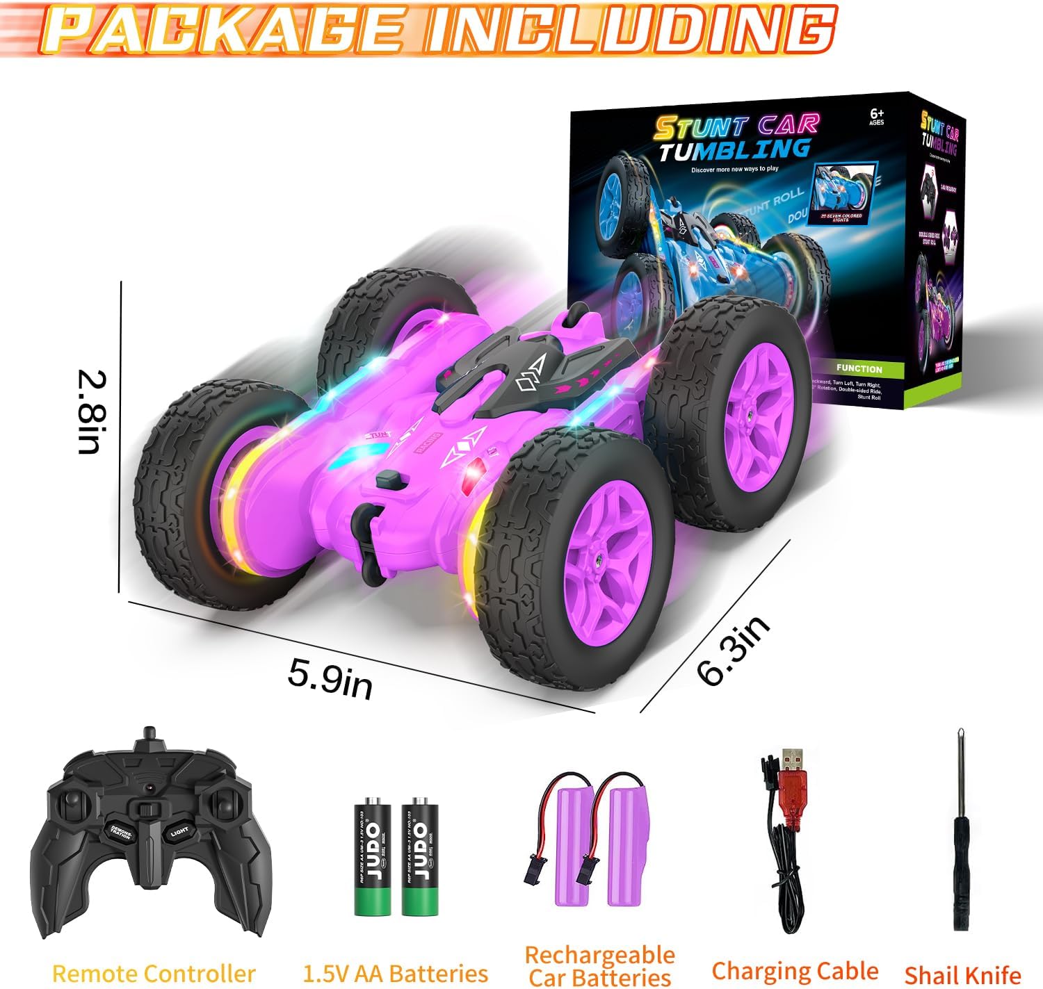 Afstandsbediening auto voor meisjes | 360° stunt RC auto met koplampen & 4WD roze speelgoed