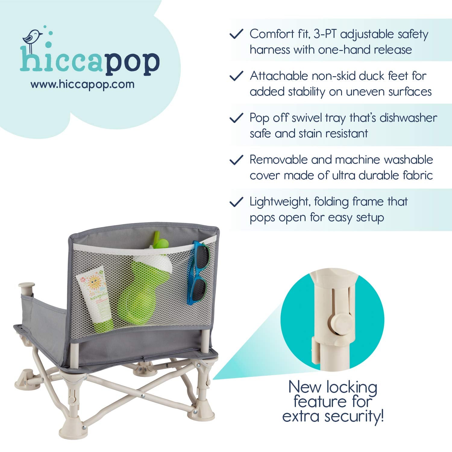 hiccapop Reishoogzitstoel met Dienblad Draagbare, opvouwbare kinderstoel voor reizen, camping en strand | Veilig en comfortabel eten met verstelbare veiligheidsriemen