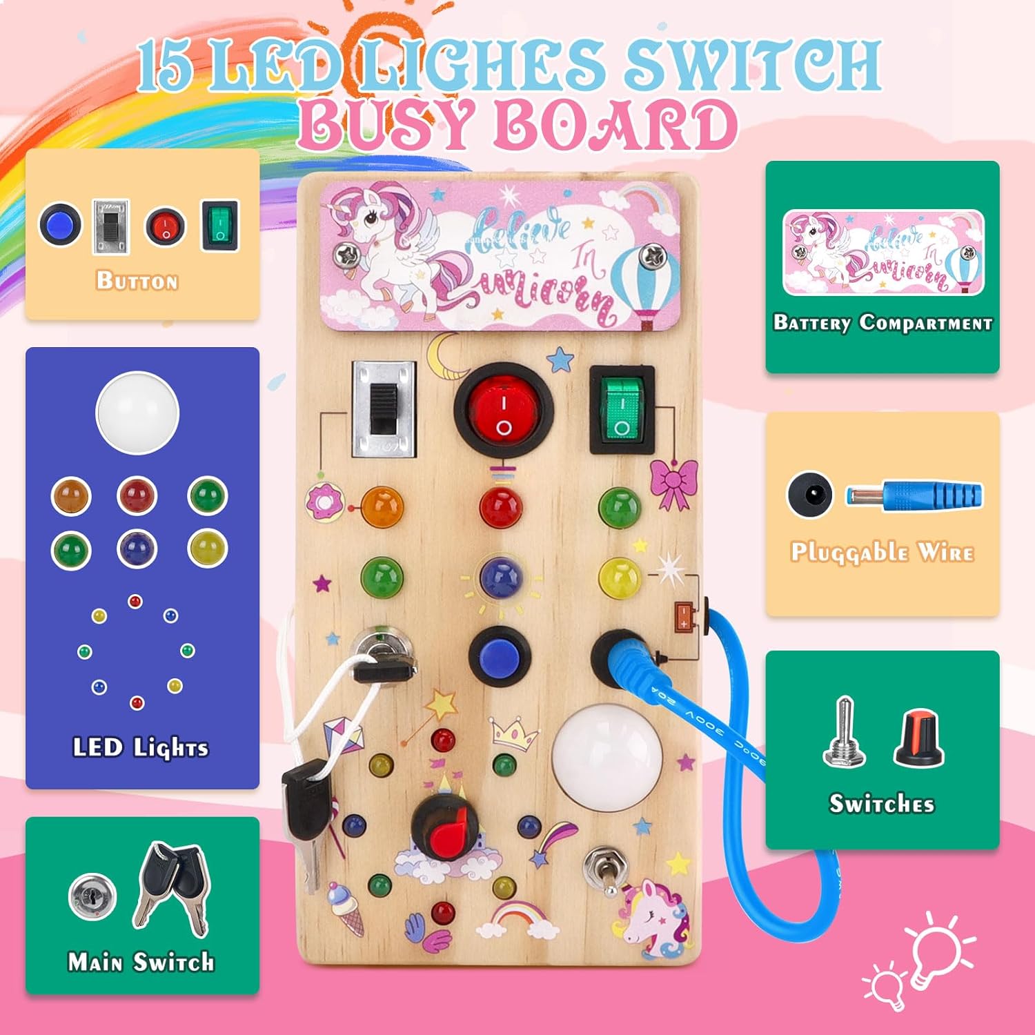 Houten Montessori Busy Board voor Peuters vanaf 1 Jaar - Educatief Activiteitenbord met LED Lichtjes en Schakelaars voor Baby, Jongens en Meisjes - Sensorisch Reisspeelgoed voor Kinderen