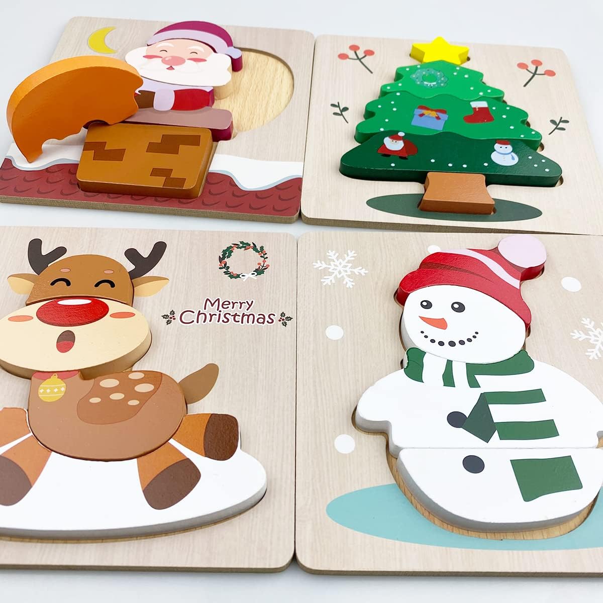 Kerst houten puzzel set | 4 stuks peuter speelgoed