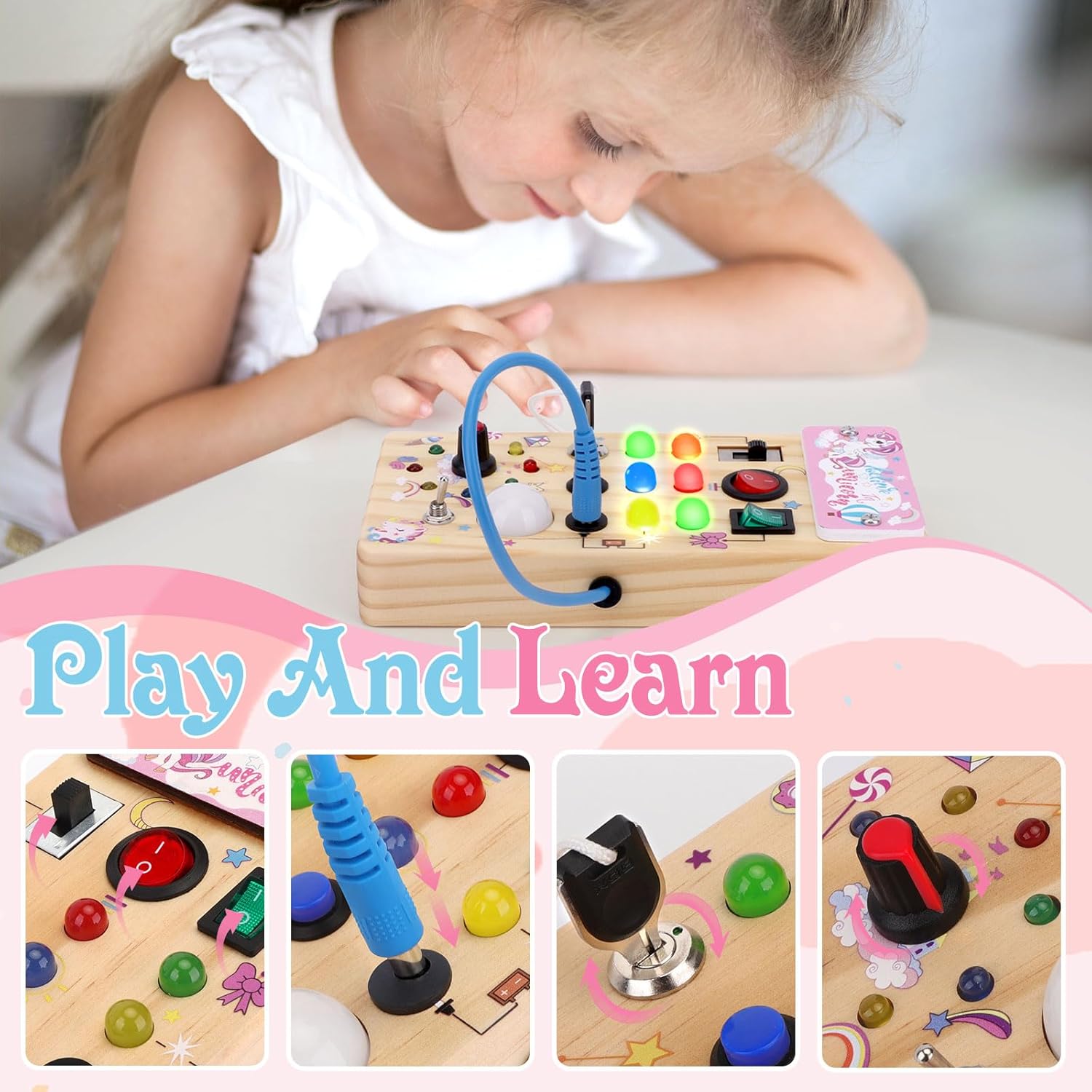 Houten Montessori Busy Board voor Peuters vanaf 1 Jaar - Educatief Activiteitenbord met LED Lichtjes en Schakelaars voor Baby, Jongens en Meisjes - Sensorisch Reisspeelgoed voor Kinderen