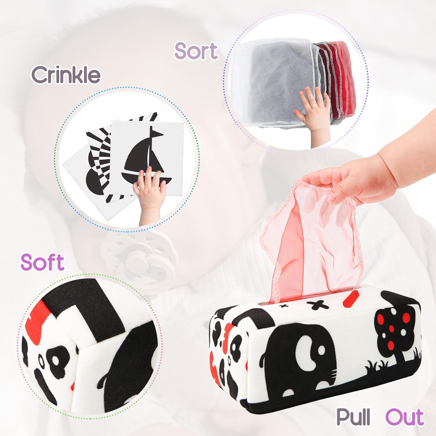 Montessori Tissue Box Speelgoed | Zacht Gevuld Hoog Contrast Krinkel Infant Sensorisch Baby Speelgoed 6 tot 12 Maanden Vroeg Leren Cadeaus