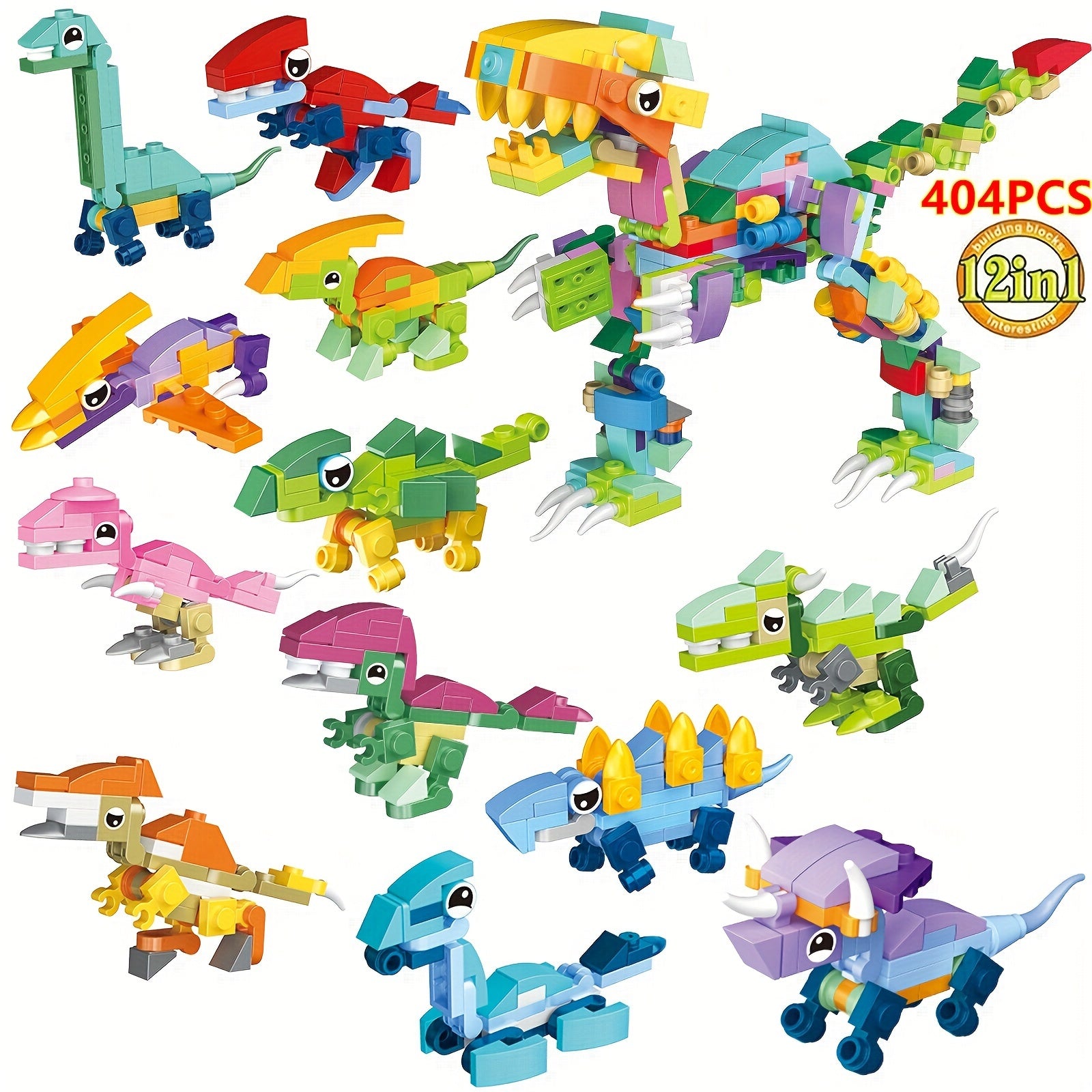 12-in-1 Dinosaurus Bouwblokken Set – 404 Stukjes voor 12 Modellen of 1 Grote Dino