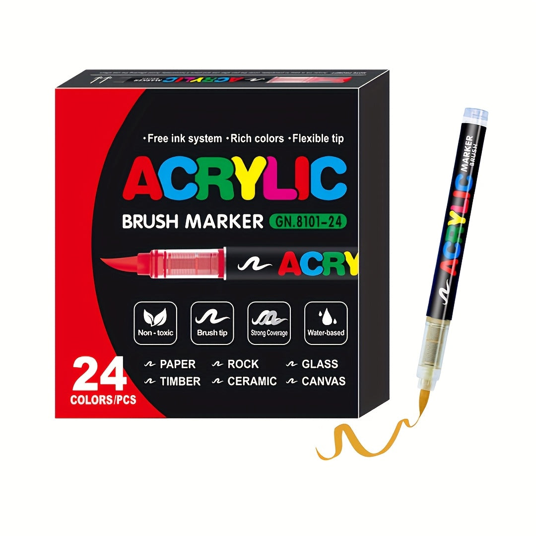 24-delige Acryl Marker Set – Flexibele Penseelpunt | Voor Diverse Oppervlakken