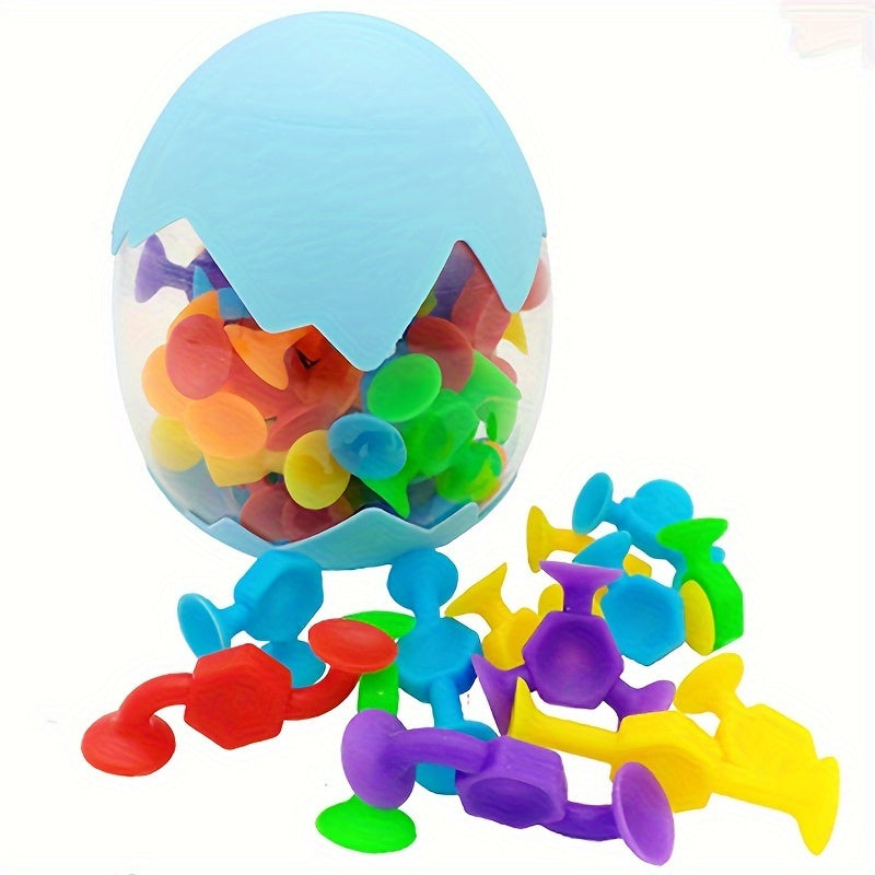 Zuignap Speelset met 18/48 Stuks | Zachte Siliconen Bouwblokken in Eierdoos, Sensorisch Fidget Speelgoed, Ideaal voor Reizen & Vakantie