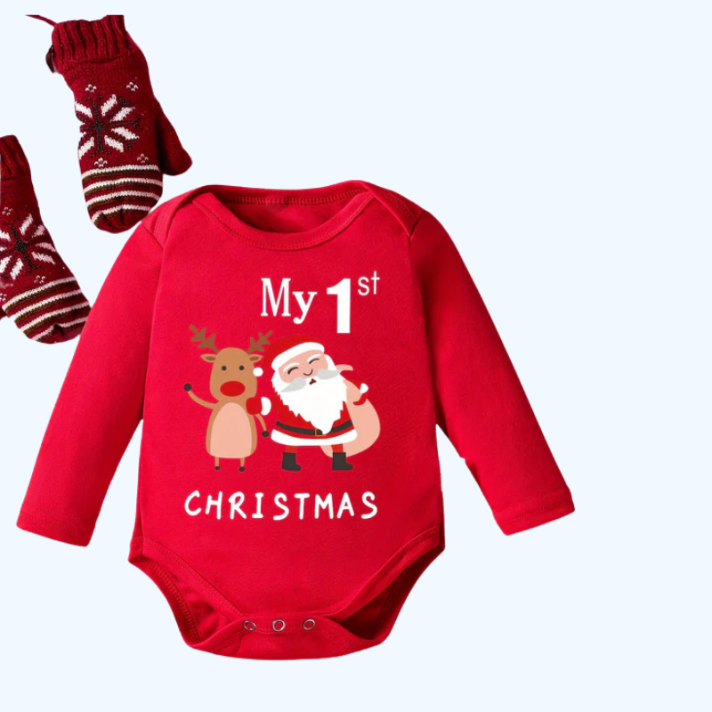 'Mijn 1e Kerst' Kerstman Print Romper met Lange Mouwen voor Kinderen | Zachte, Comfortabele Polyester Baby Onesie voor Kerstmis, Dagelijks Gebruik, Feestdagen en Fotoshoots