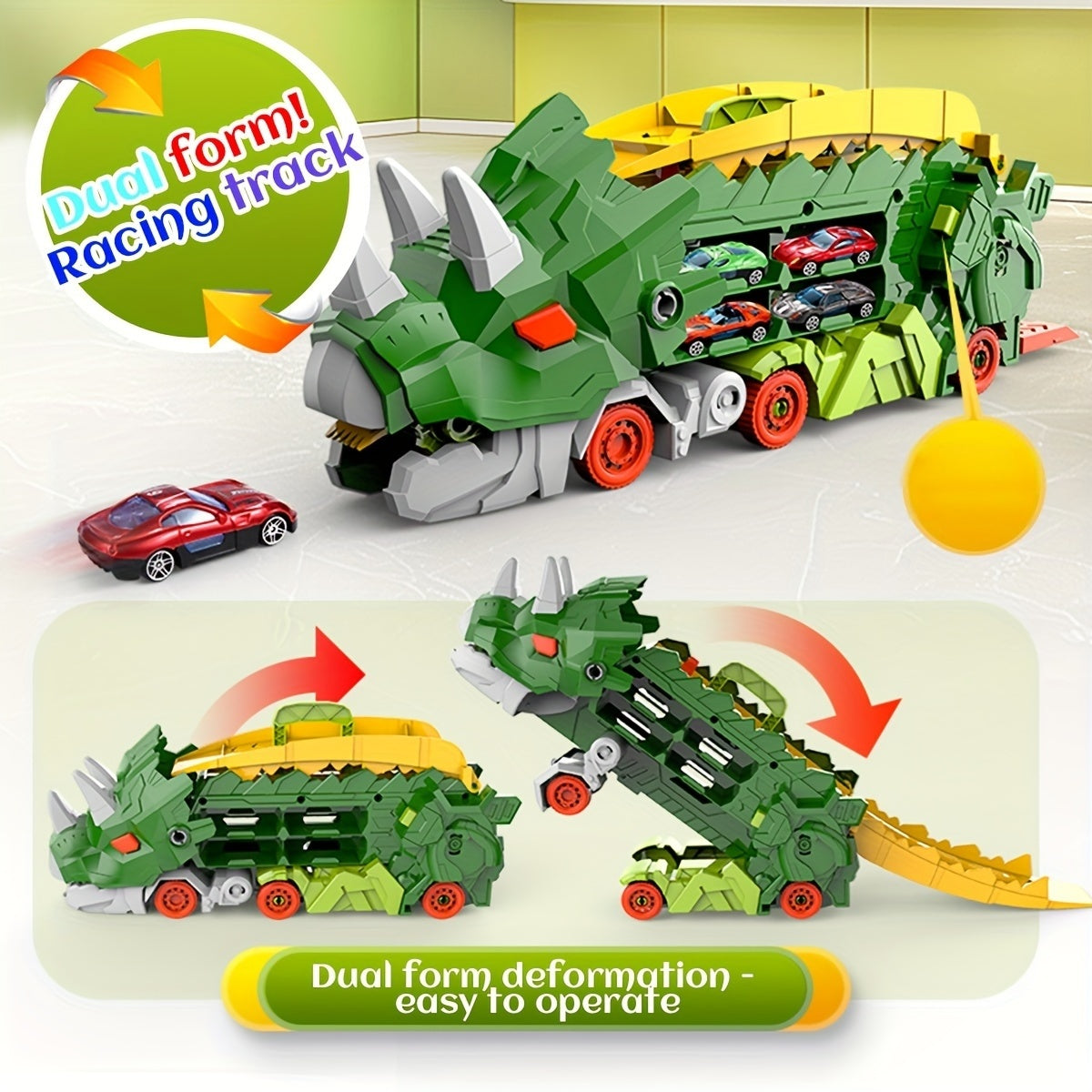 Triceratops Transport Truck 3-in-1 Speelset | Transformeerbaar Spoorweg-Lanceervoertuig | Inclusief Meerdere Metaalauto’s | Voor 3+ Jaar | Paars & Groen
