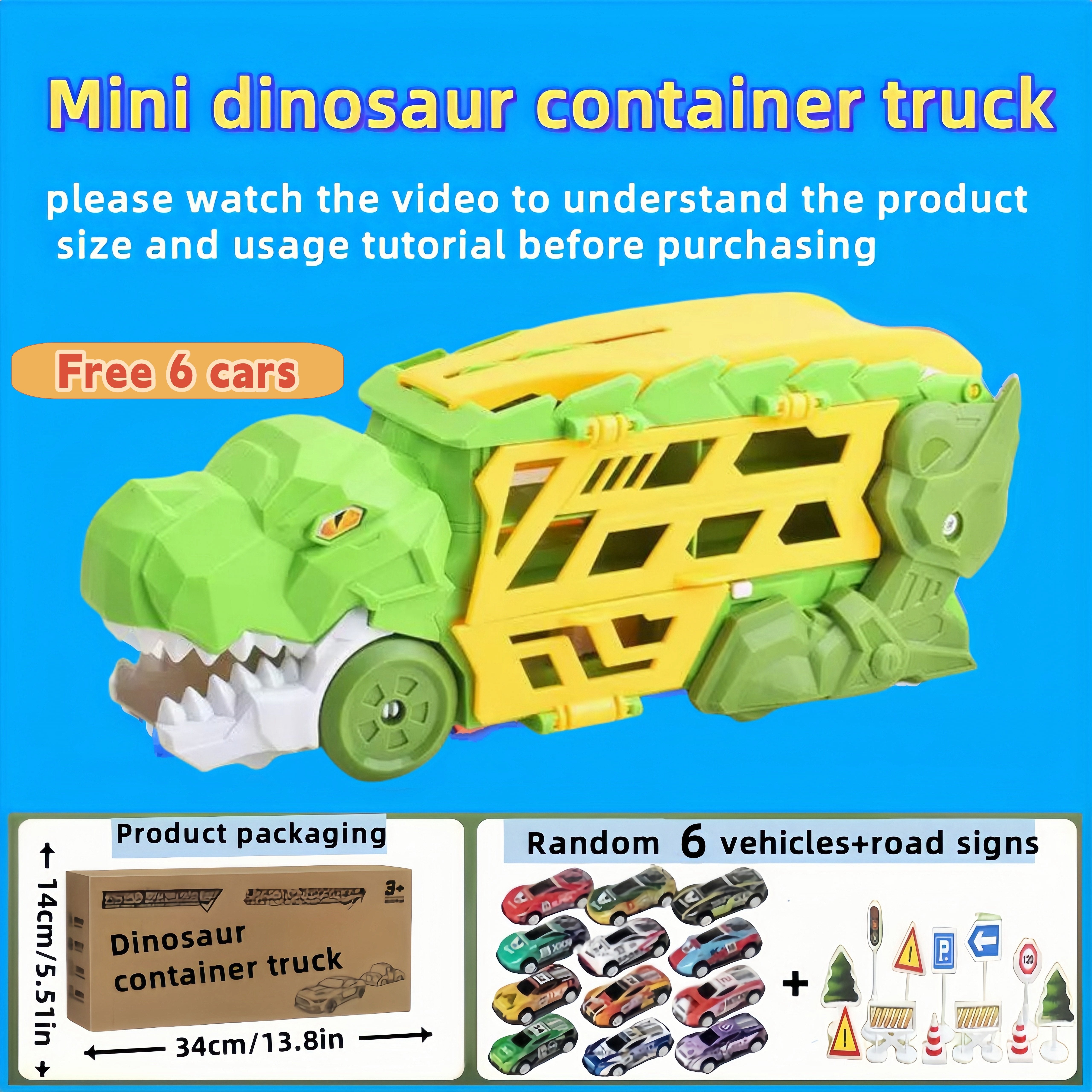 Dinosaurus Transporter Truck met Vouwbare Racebaan & Legering Auto's | Wind-Aangedreven Dino Vrachtwagen | Perfect Cadeau voor Kinderen 3-7 | Blauw & Groen | Educatief Speelgoed