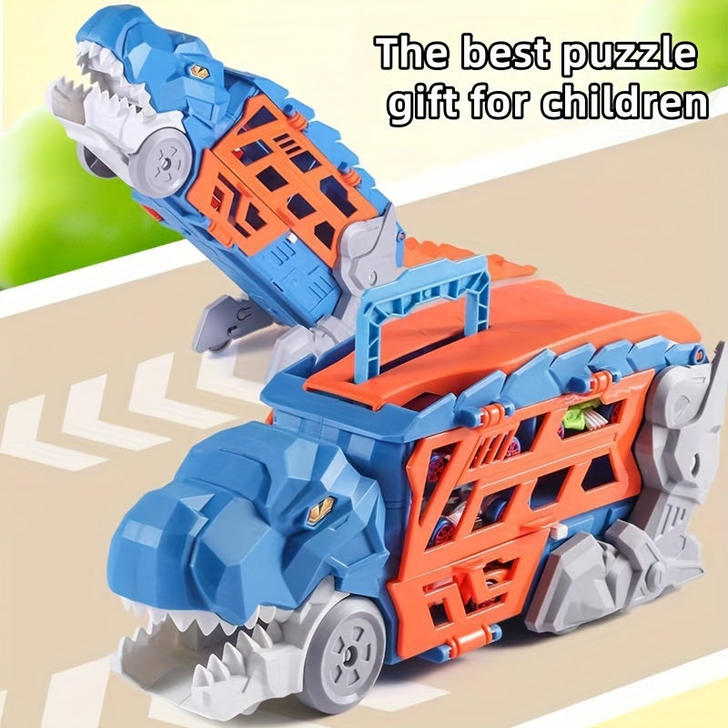 Dinosaurus Transporter Truck met Vouwbare Racebaan & Legering Auto's | Wind-Aangedreven Dino Vrachtwagen | Perfect Cadeau voor Kinderen 3-7 | Blauw & Groen | Educatief Speelgoed