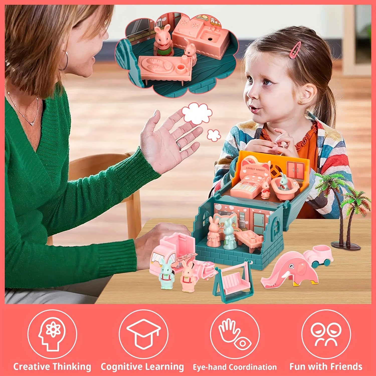 Schattig Konijnenhuis Speelset | Vouwbaar Plastic Konijnenspeelgoed – Interactief & Educatief Rollenspel voor Peuters