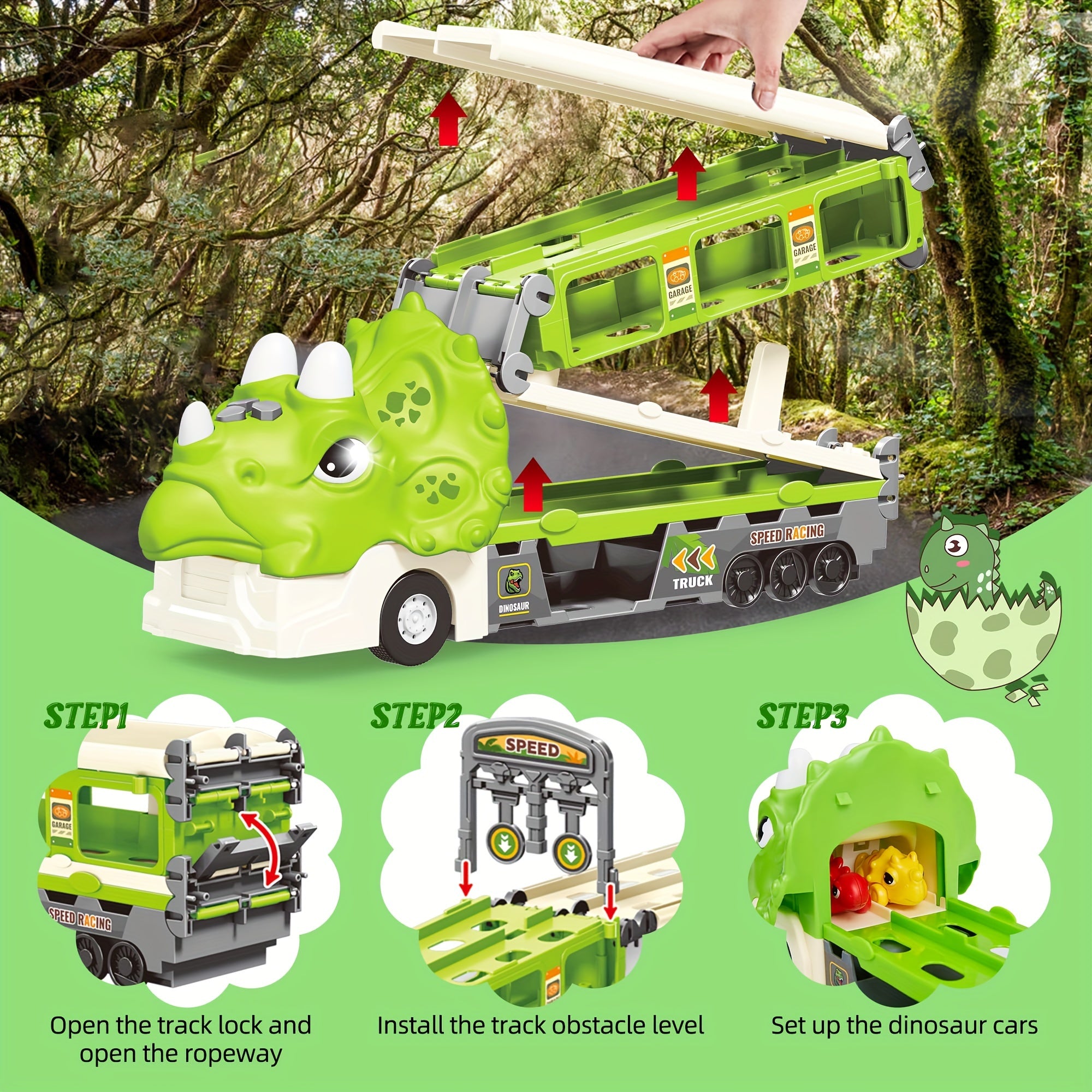 Dinosaurus Speelgoed voor Jongens van 3-5 Jaar, Triceratop Transport Vrachtwagen met 6 Dinosaurus Auto's, Activiteit Speelmat, Jurassic World Park Dinosaurus Speelgoed Set voor Peuter Verjaardag
