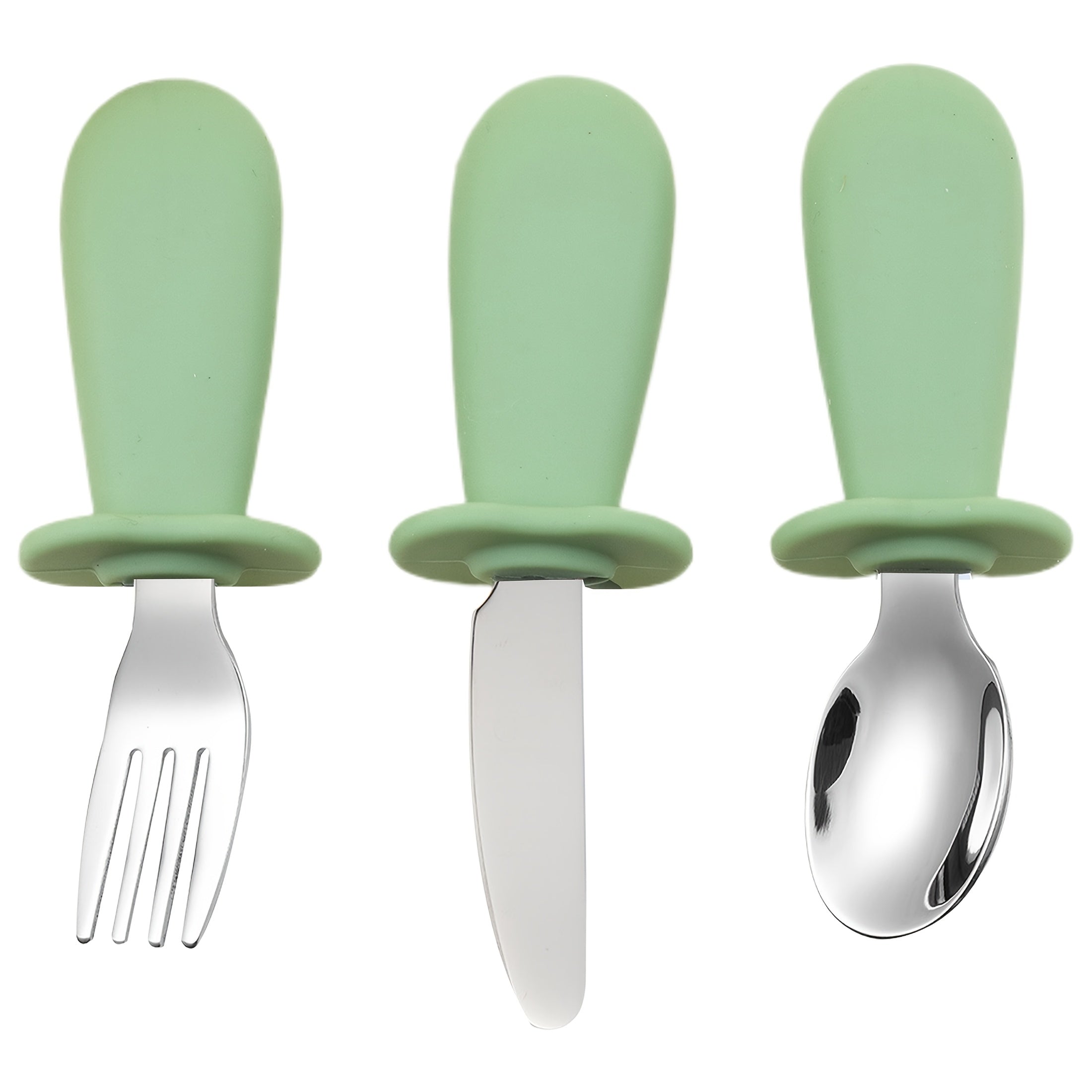 3-delige Rvs Lepel Vork Mes Set met Silicone Handvatten, Zachte Randen, Comfortabele Eetbestek voor Baby's