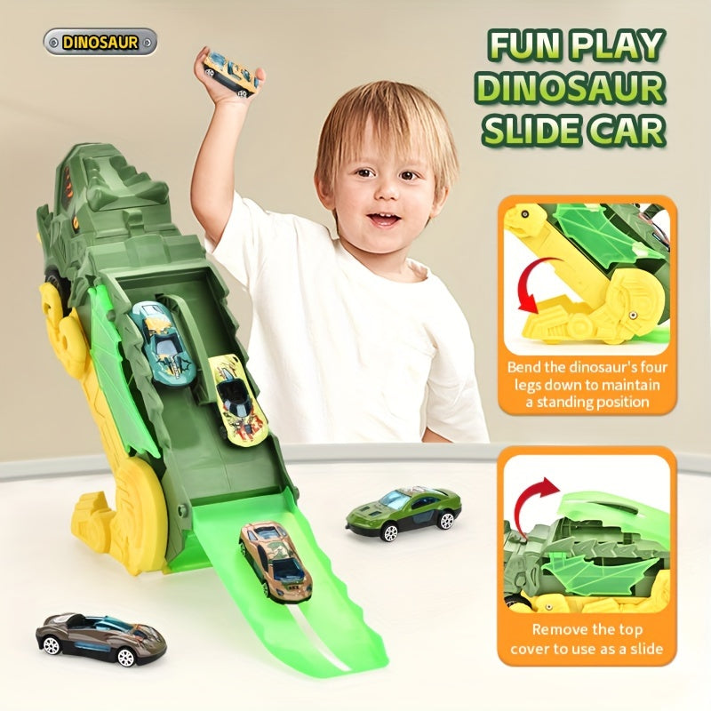 Dinosaurus Vrachtwagen Speelgoed Set, T-Rex met 6 Mini Auto's, Willekeurige Legering Auto's, Leuk Verjaardags- & Kerstcadeau voor Kinderen van 3-6 Jaar