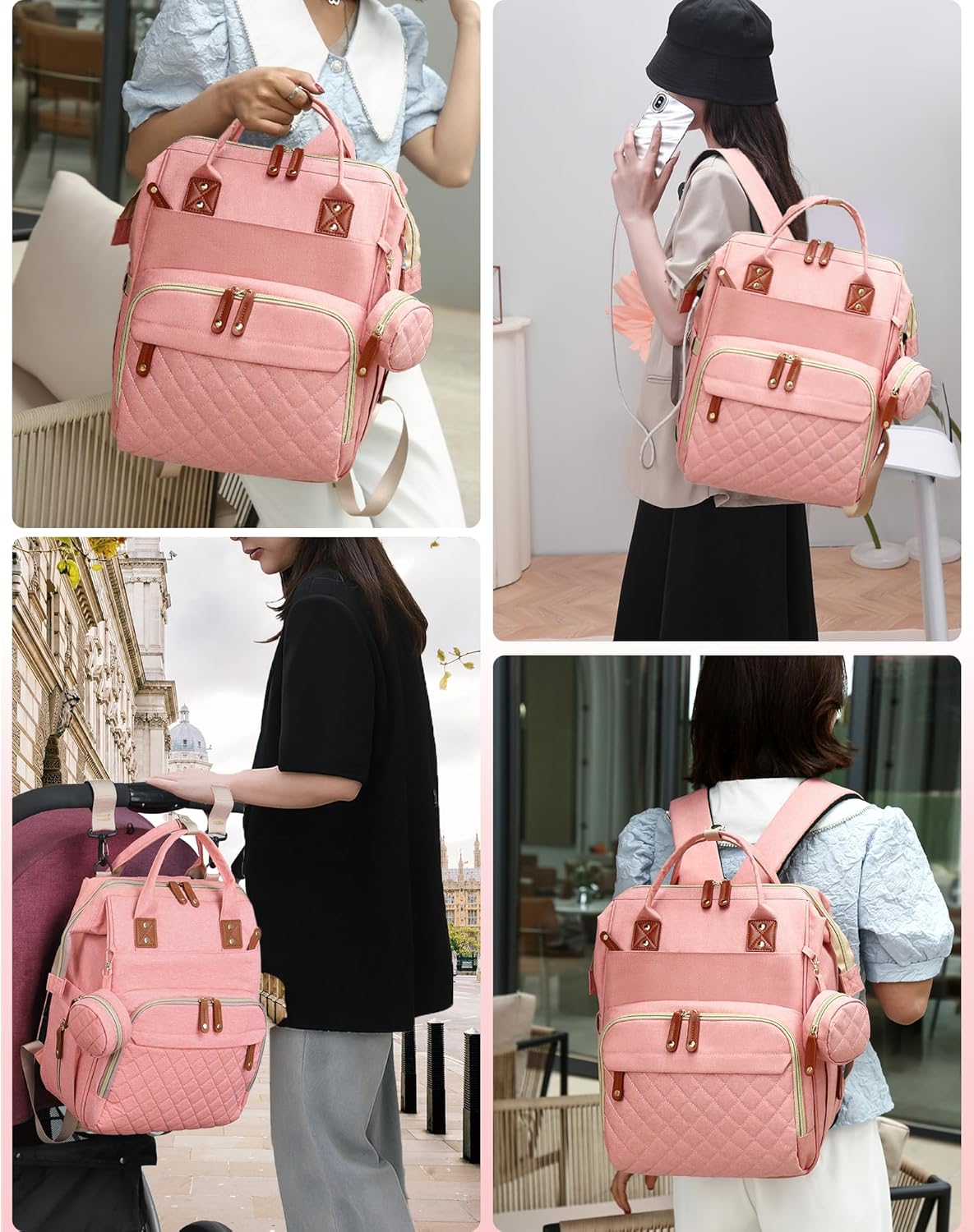 Luiertas met verschoonstation | 3-in-1 waterdichte rugzak met opvouwbaar kussen roze