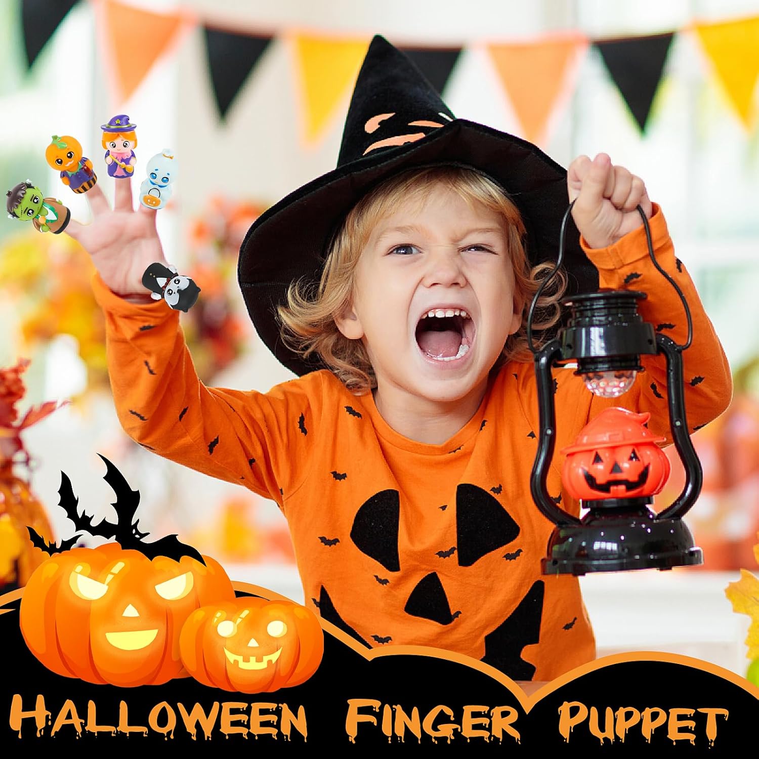 Halloween vingerpoppetjes 5 stuks | Pompoen & heks figuren