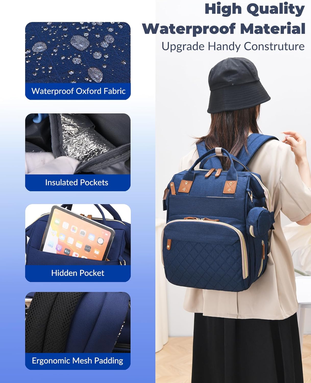 Luiertas met verschoonstation | 3-in-1 waterdichte rugzak met opvouwbaar kussen roze