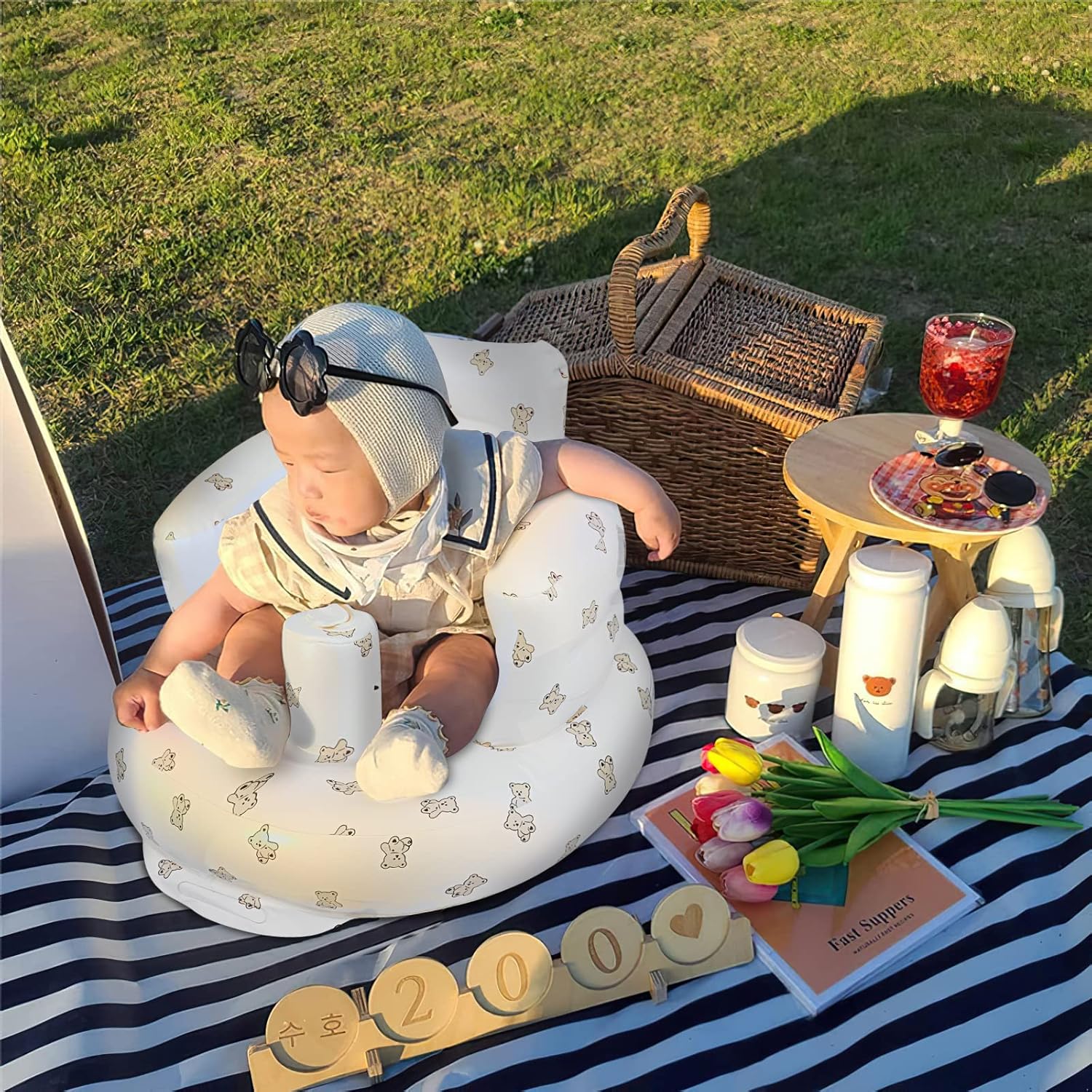 Opblaasbaar babyzitje voor baby's vanaf 3 maanden l met ingebouwde luchtpomp - Beer Patroon