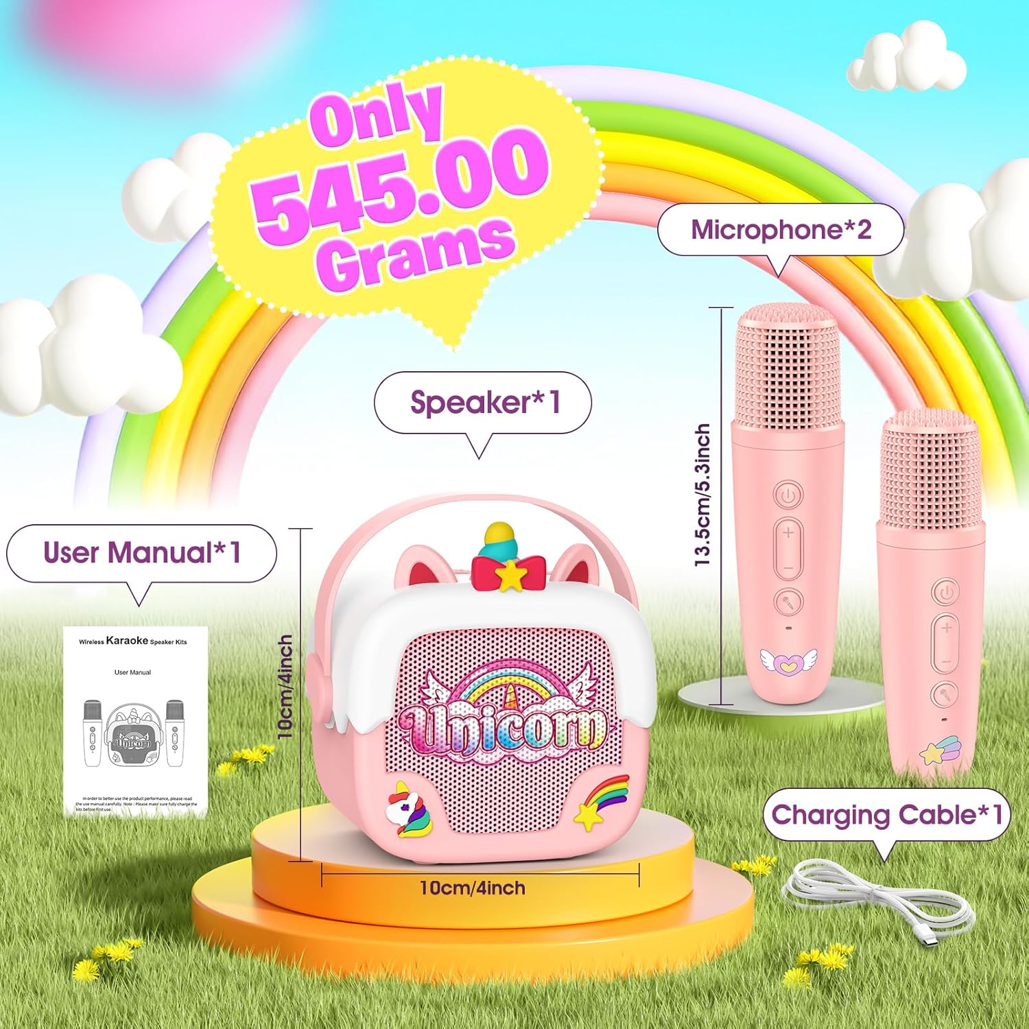 Mini karaoke machine voor kinderen | Draagbare Bluetooth luidspreker met 2 microfoons unicorn design