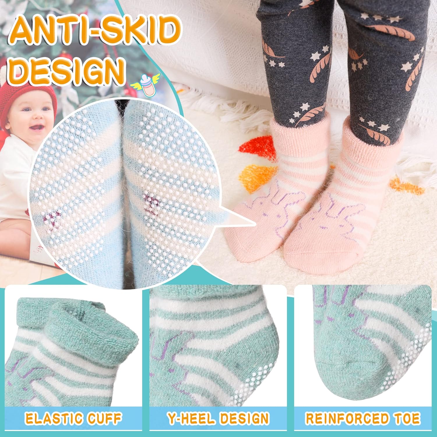 6 Paar Babywol Sokken met Grip | Zachte, warme, dikke antislip wintersokken voor peuters, uniseks