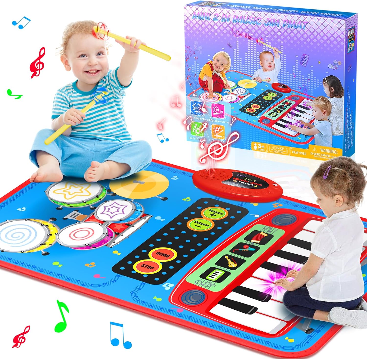 2-in-1 muziekspeelmat|Piano & drum leerinstrument 1-5 jaar